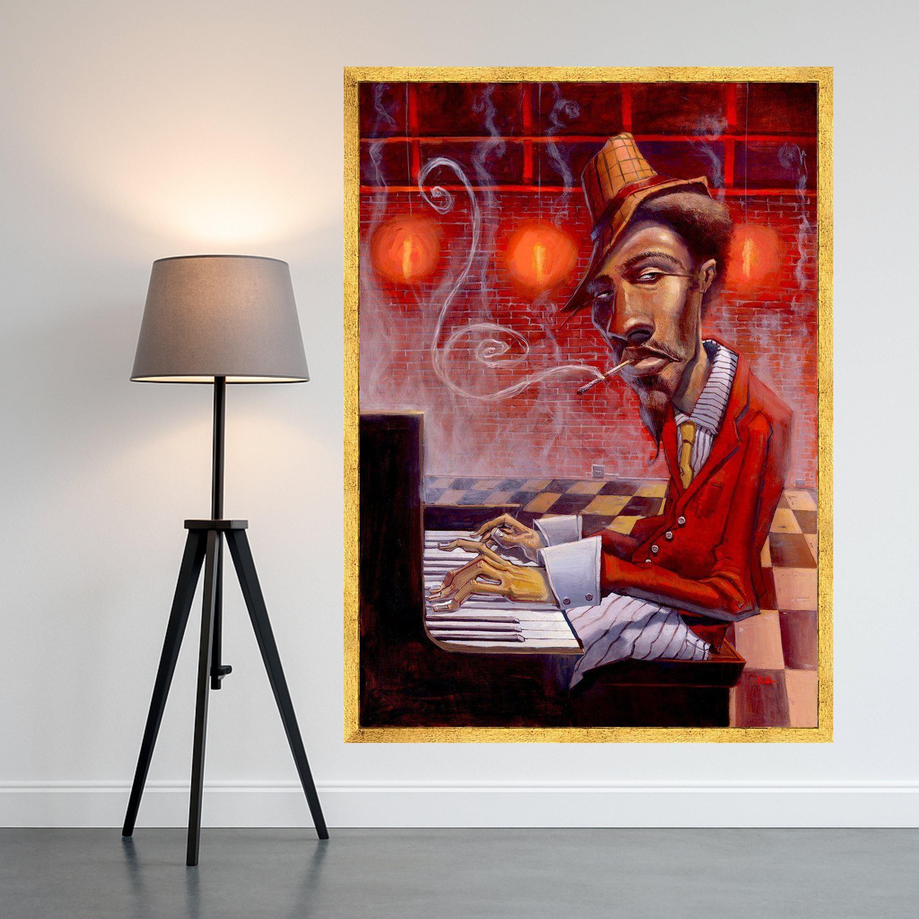 Jazz Musician Playing Piano Canvas, Smoking Man Wall Art, Retro Red Style, Urban Art Decor, Expressive Portrait Canvas, Home Ready To Hang,