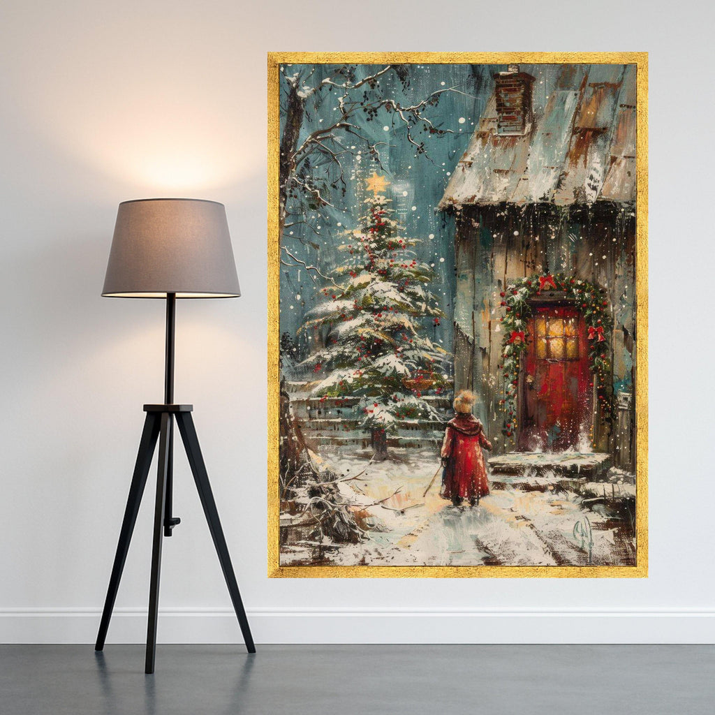 Magical Winter Evening, Christmas Tree and Cozy Cottage Canvas, Holiday Seasonal Wall Art, Snowy Landscape Painting, Festive Ready To Hang,