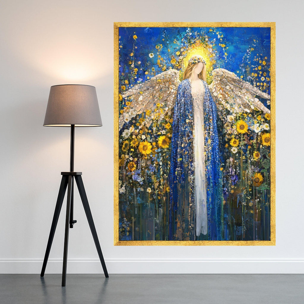 Radiant Angel in Blue Cloak Canvas, Floral Sunflower Wall Art, Spiritual Decor, Abstract Angel Painting, Peaceful Home Ready To Hang,