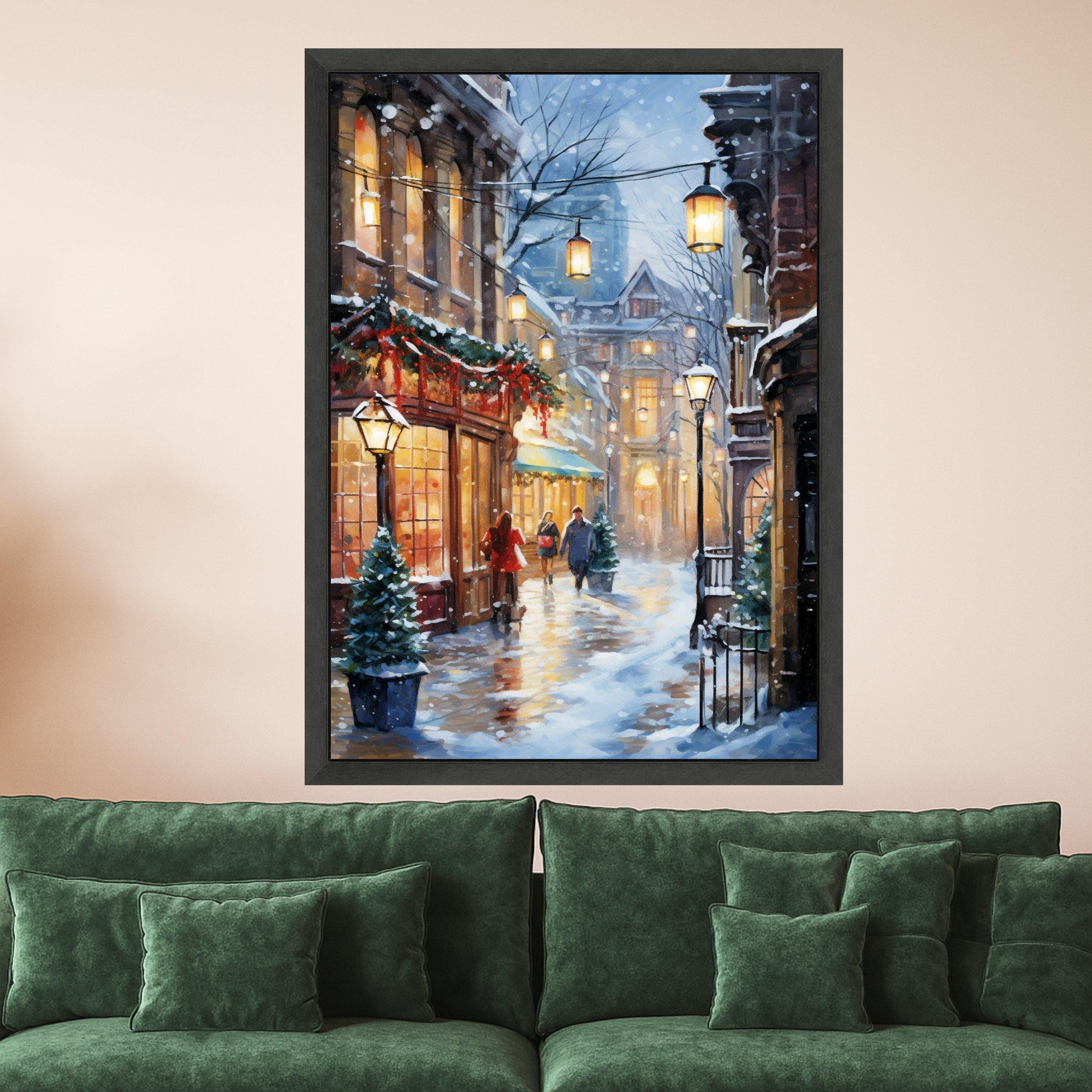 Cozy Winter Street Scene Canvas, Snowy Evening Walk, Holiday Lights Wall Art, Charming Cityscape Decor, Warm Glow Canvas Ready To Hang,