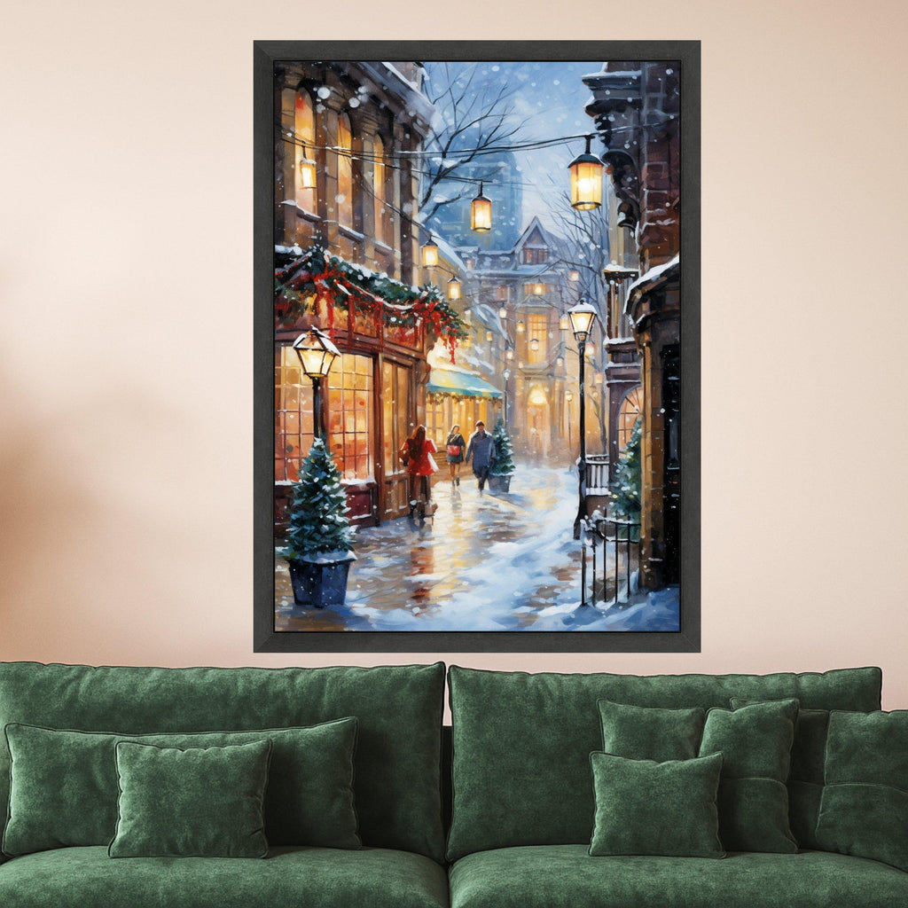 Cozy Winter Street Scene Canvas, Snowy Evening Walk, Holiday Lights Wall Art, Charming Cityscape Decor, Warm Glow Canvas Ready To Hang,