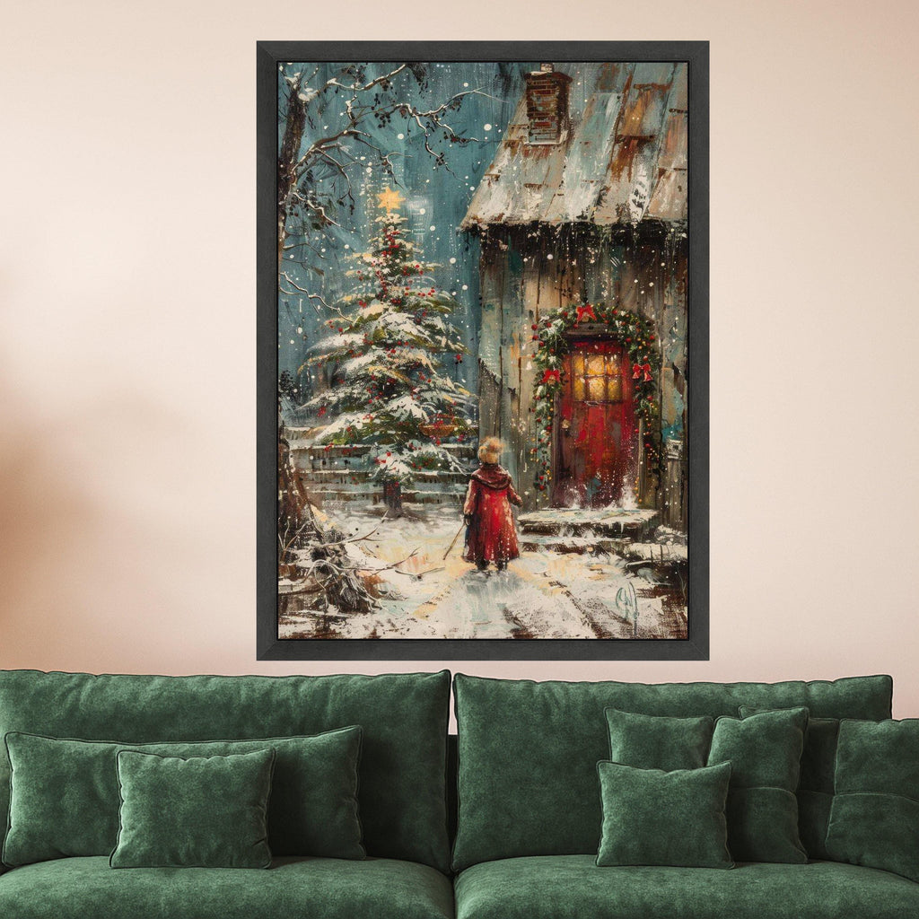 Magical Winter Evening, Christmas Tree and Cozy Cottage Canvas, Holiday Seasonal Wall Art, Snowy Landscape Painting, Festive Ready To Hang,