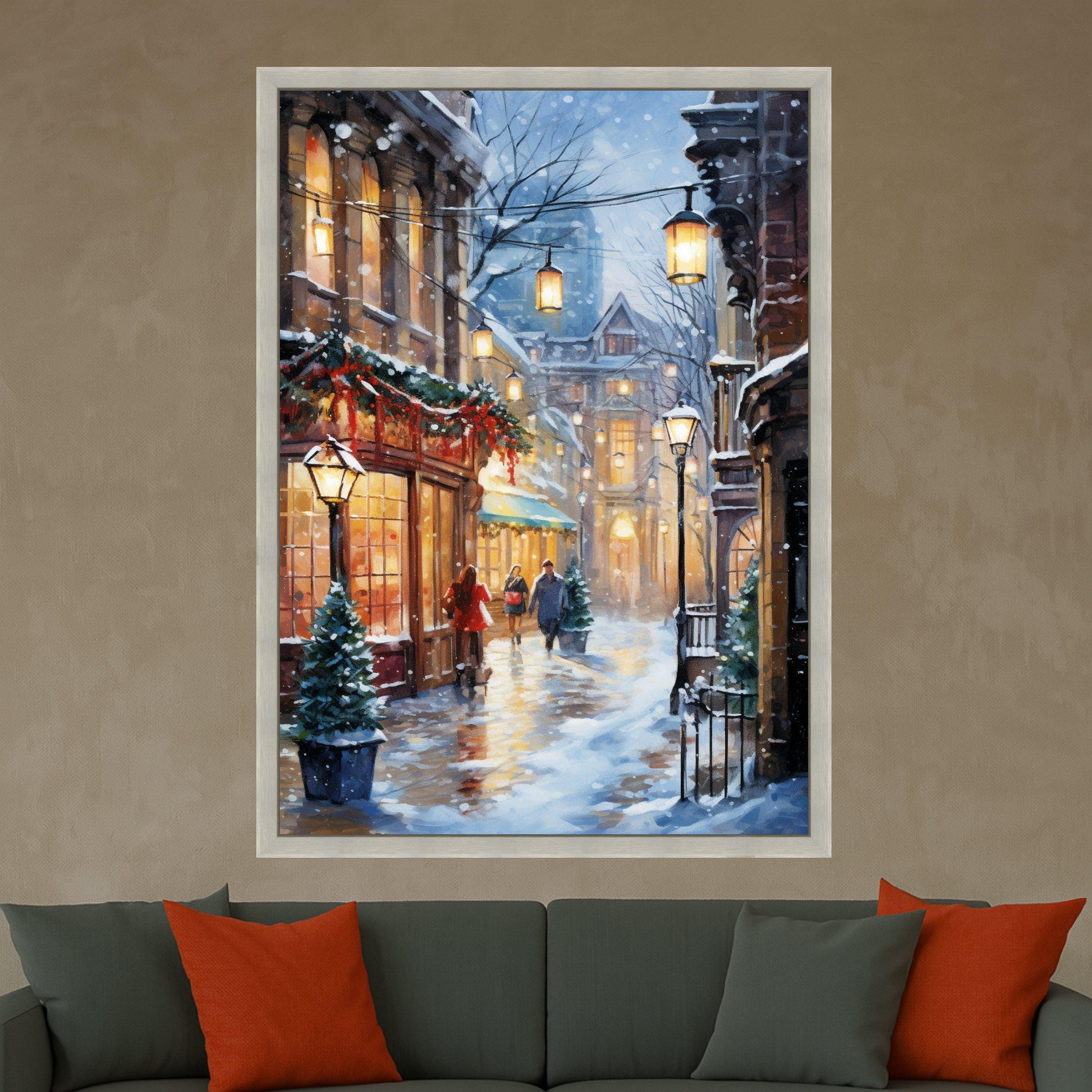 Cozy Winter Street Scene Canvas, Snowy Evening Walk, Holiday Lights Wall Art, Charming Cityscape Decor, Warm Glow Canvas Ready To Hang,