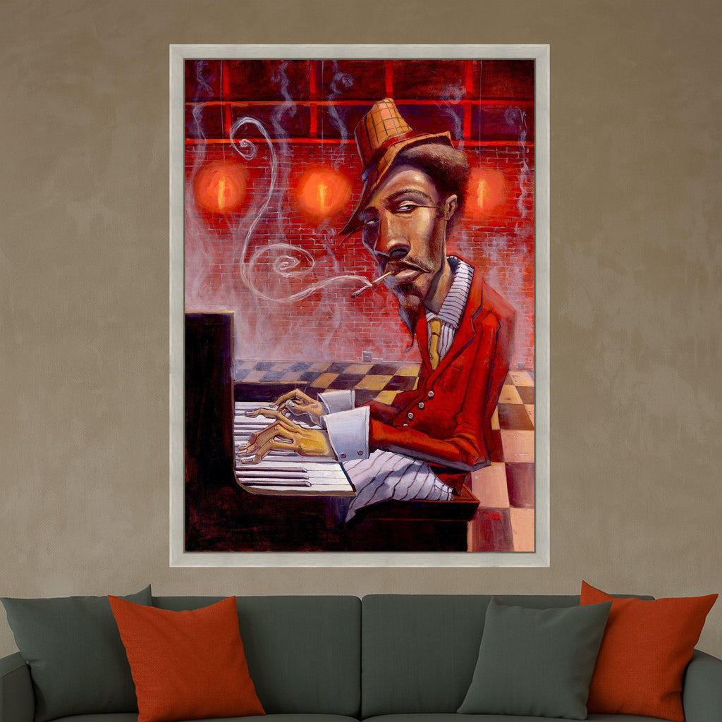 Jazz Musician Playing Piano Canvas, Smoking Man Wall Art, Retro Red Style, Urban Art Decor, Expressive Portrait Canvas, Home Ready To Hang,