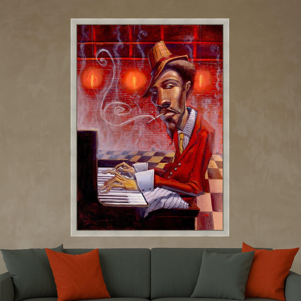 Jazz Musician Playing Piano Canvas, Smoking Man Wall Art, Retro Red Style, Urban Art Decor, Expressive Portrait Canvas, Home Ready To Hang,