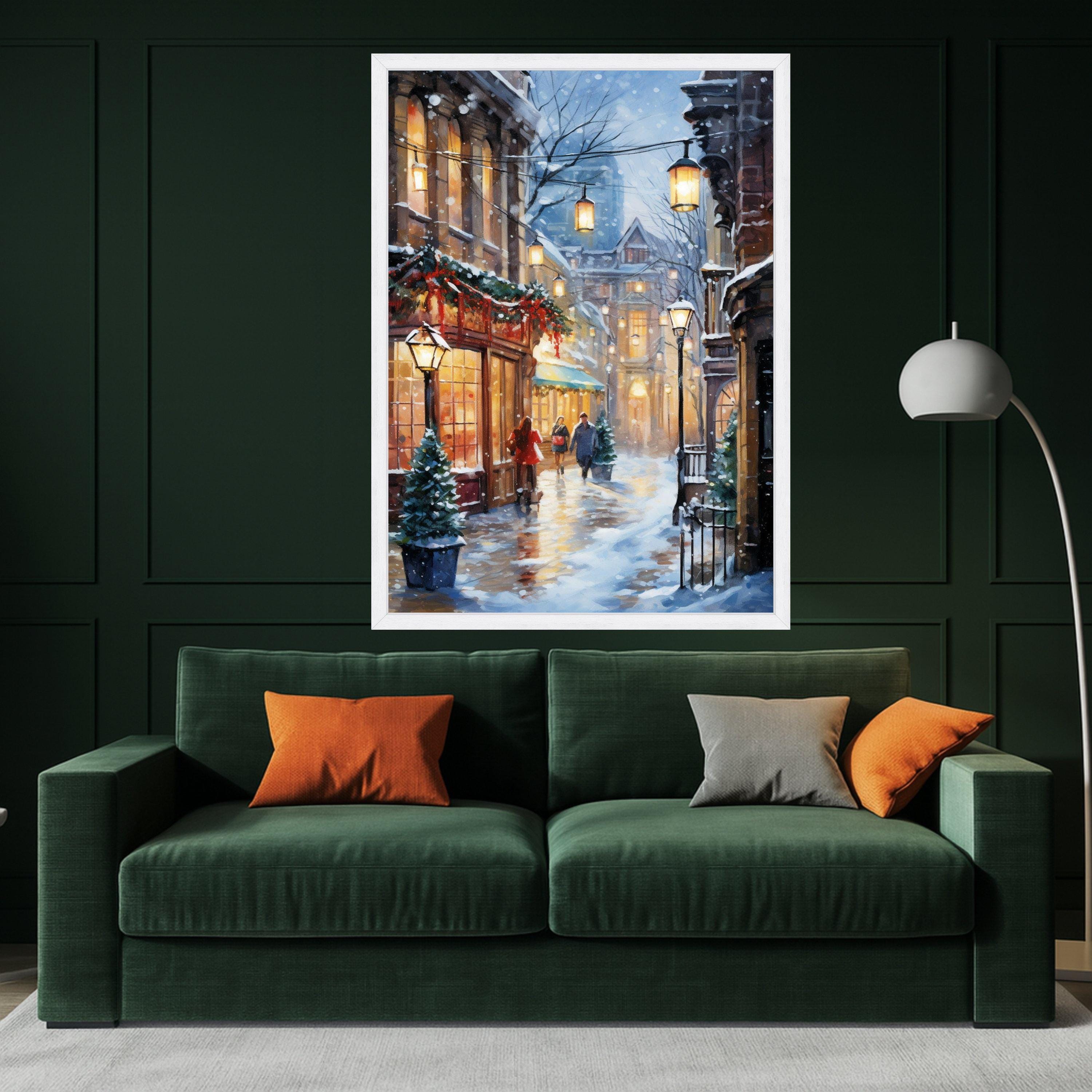Cozy Winter Street Scene Canvas, Snowy Evening Walk, Holiday Lights Wall Art, Charming Cityscape Decor, Warm Glow Canvas Ready To Hang,