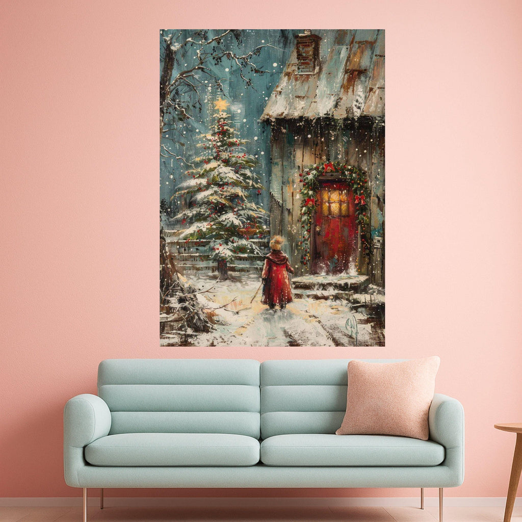 Magical Winter Evening, Christmas Tree and Cozy Cottage Canvas, Holiday Seasonal Wall Art, Snowy Landscape Painting, Festive Ready To Hang,
