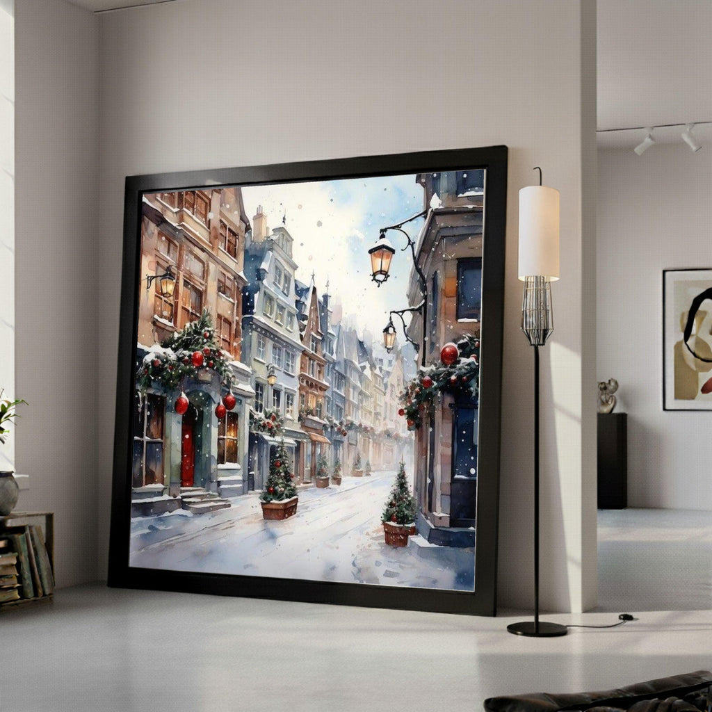 Cozy Winter Street Scene Canvas, Snowy European Village Wall Art, Christmas Holiday Decor, Festive Townscape Canvas, Ready To Hang,