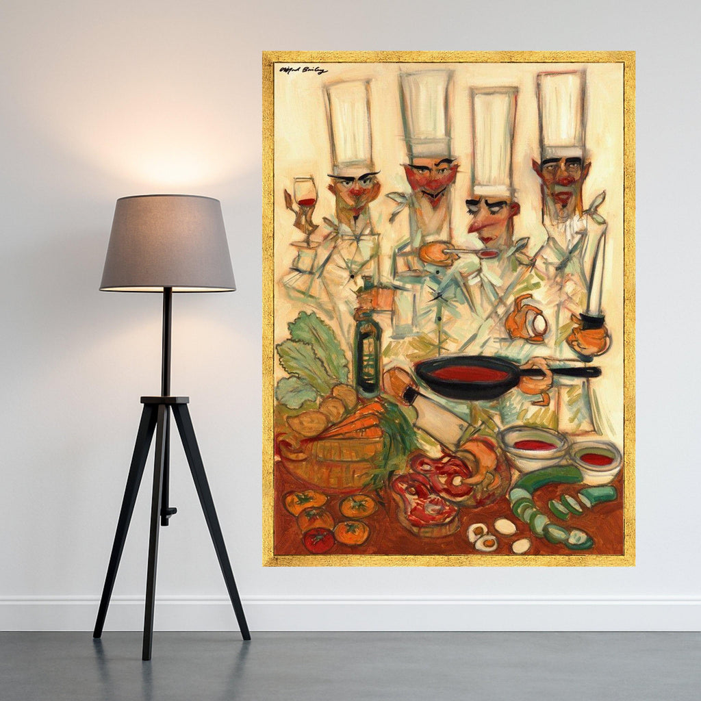 Whimsical Chef Gathering, Culinary Canvas Art, Kitchen Wall Decoration, Gourmet Cooking Scene, Food and Wine Artwork Ready To Hang,