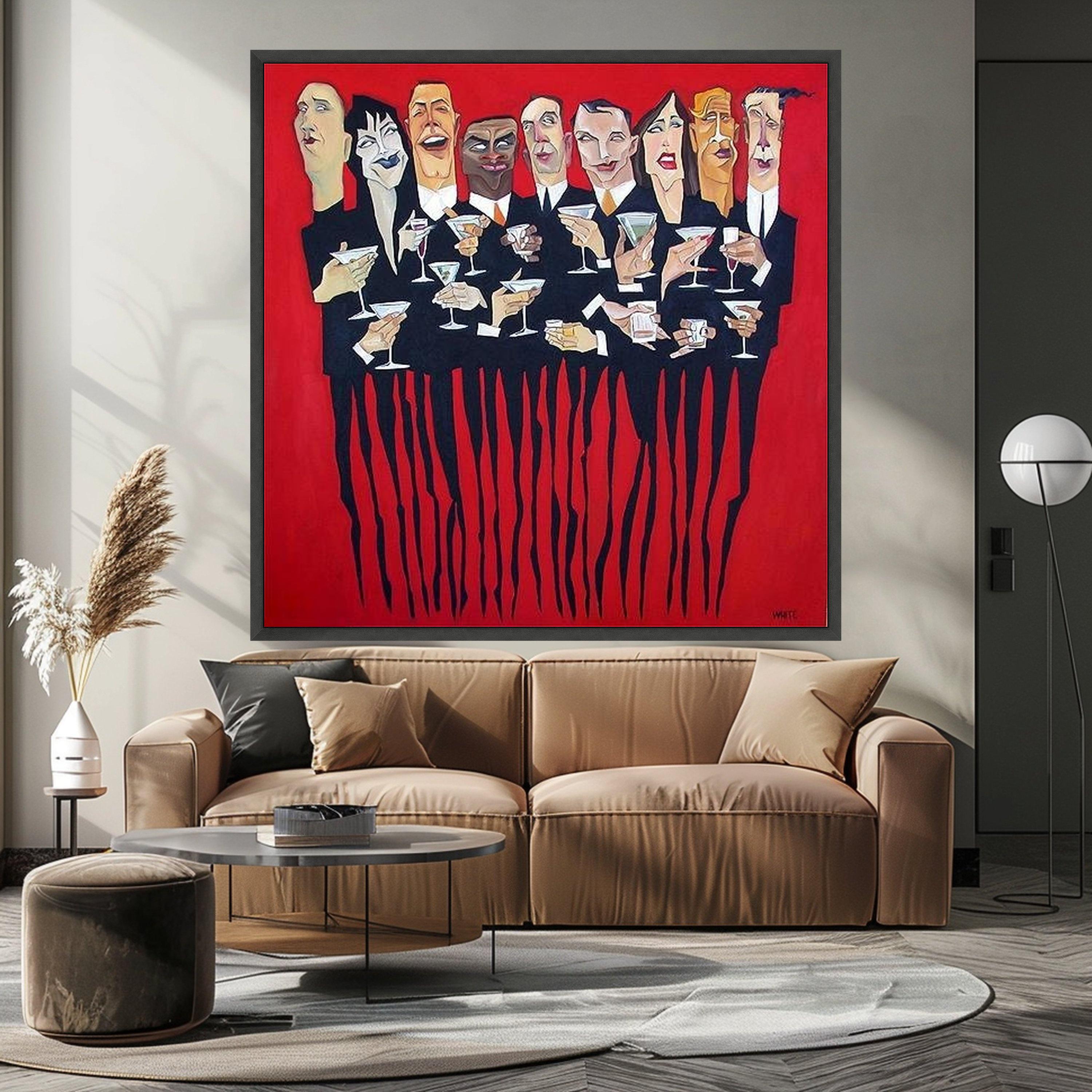 Modern Party Scene Canvas, Abstract Cocktail Gathering Wall Art, Celebratory Group Painting, Bold Red Background Canvas, Ready To Hang,