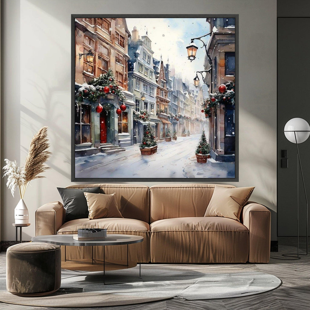 Cozy Winter Street Scene Canvas, Snowy European Village Wall Art, Christmas Holiday Decor, Festive Townscape Canvas, Ready To Hang,