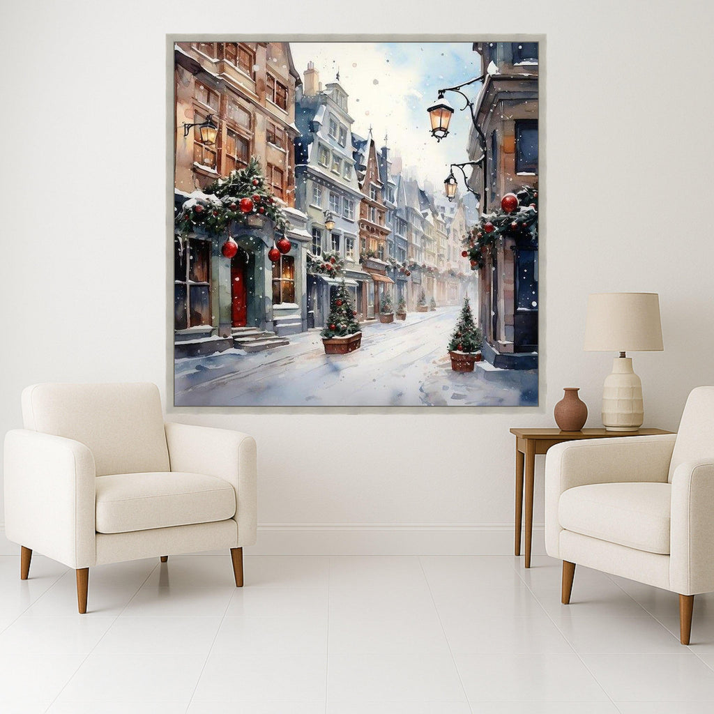 Cozy Winter Street Scene Canvas, Snowy European Village Wall Art, Christmas Holiday Decor, Festive Townscape Canvas, Ready To Hang,