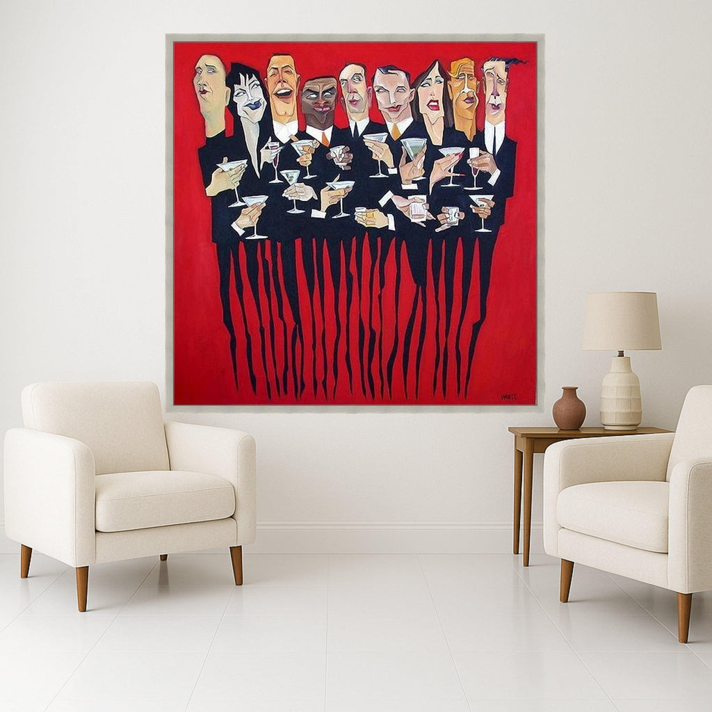 Modern Party Scene Canvas, Abstract Cocktail Gathering Wall Art, Celebratory Group Painting, Bold Red Background Canvas, Ready To Hang,