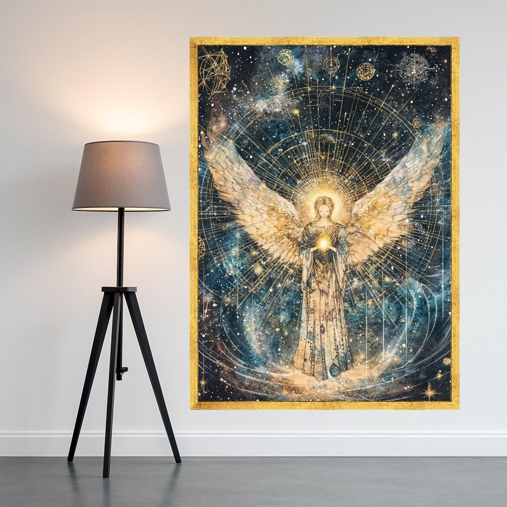 Radiant Angelic Glow Canvas, Spiritual Wall Art, Celestial Wings Decoration, Mystical Starry Night Canvas, Inspirational Home Ready To Hang,