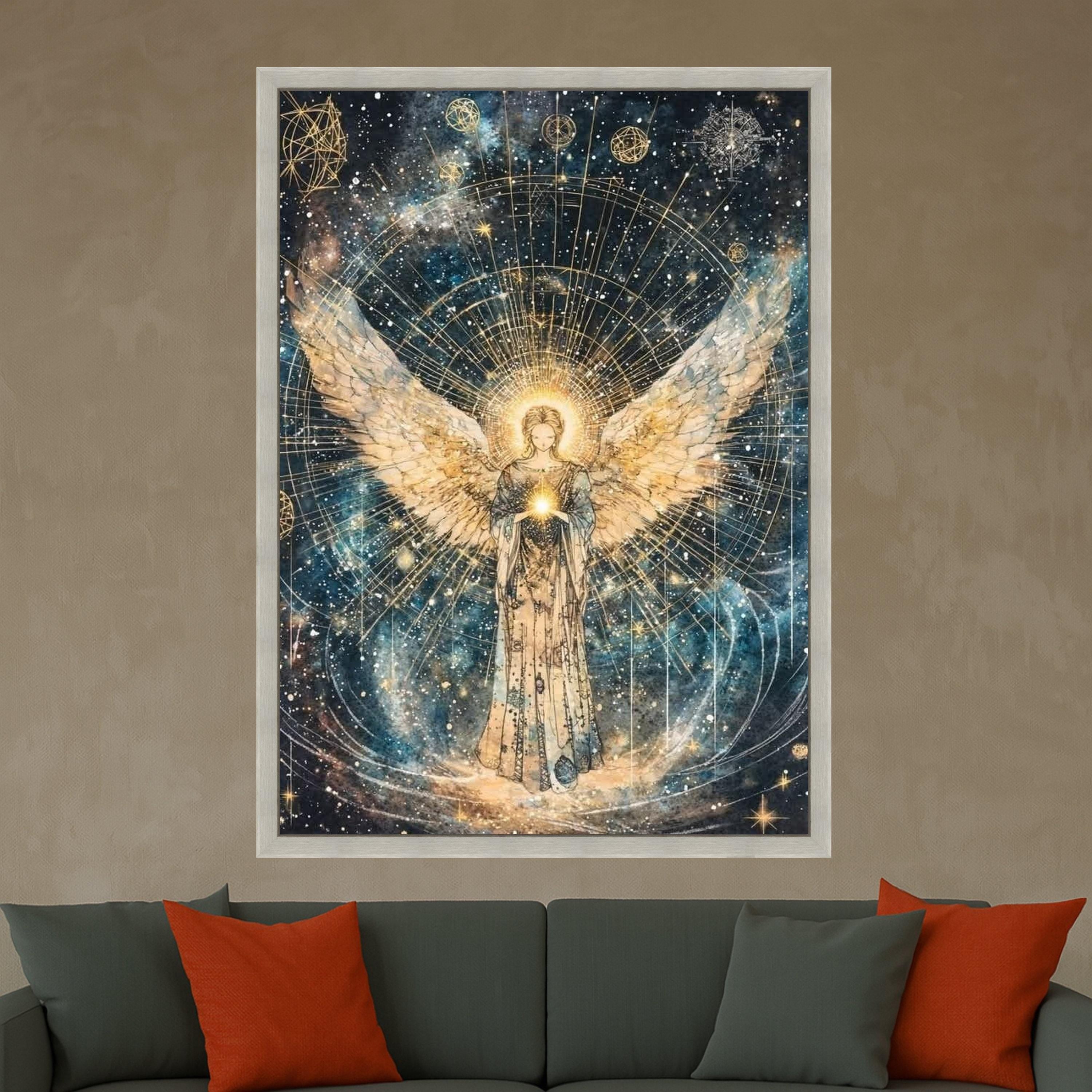 Radiant Angelic Glow Canvas, Spiritual Wall Art, Celestial Wings Decoration, Mystical Starry Night Canvas, Inspirational Home Ready To Hang,