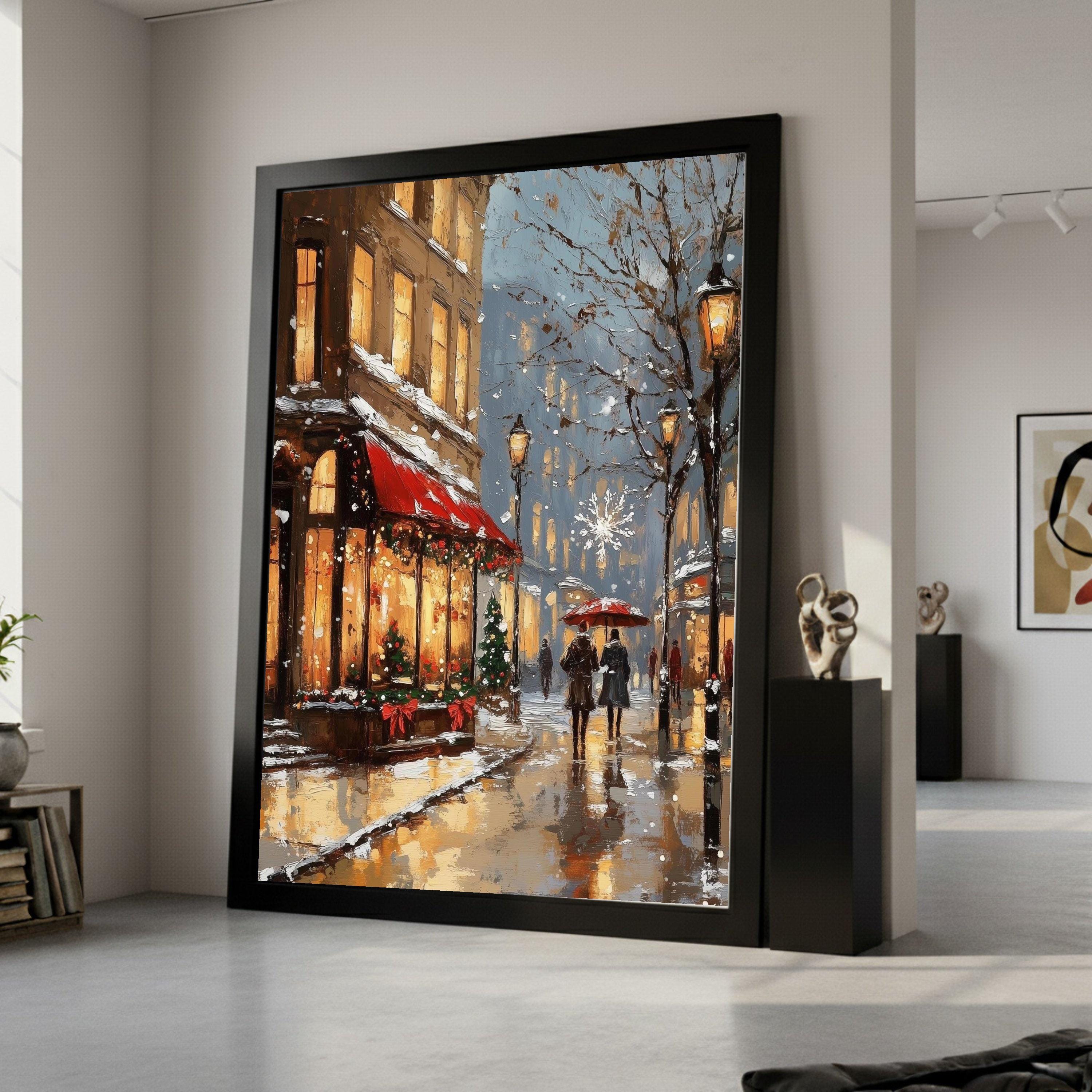 Cozy Winter Street Scene Canvas, Holiday Evening Snowfall Wall Art, Christmas Decor, Romantic Cityscape Painting, Cozy Home Ready To Hang,
