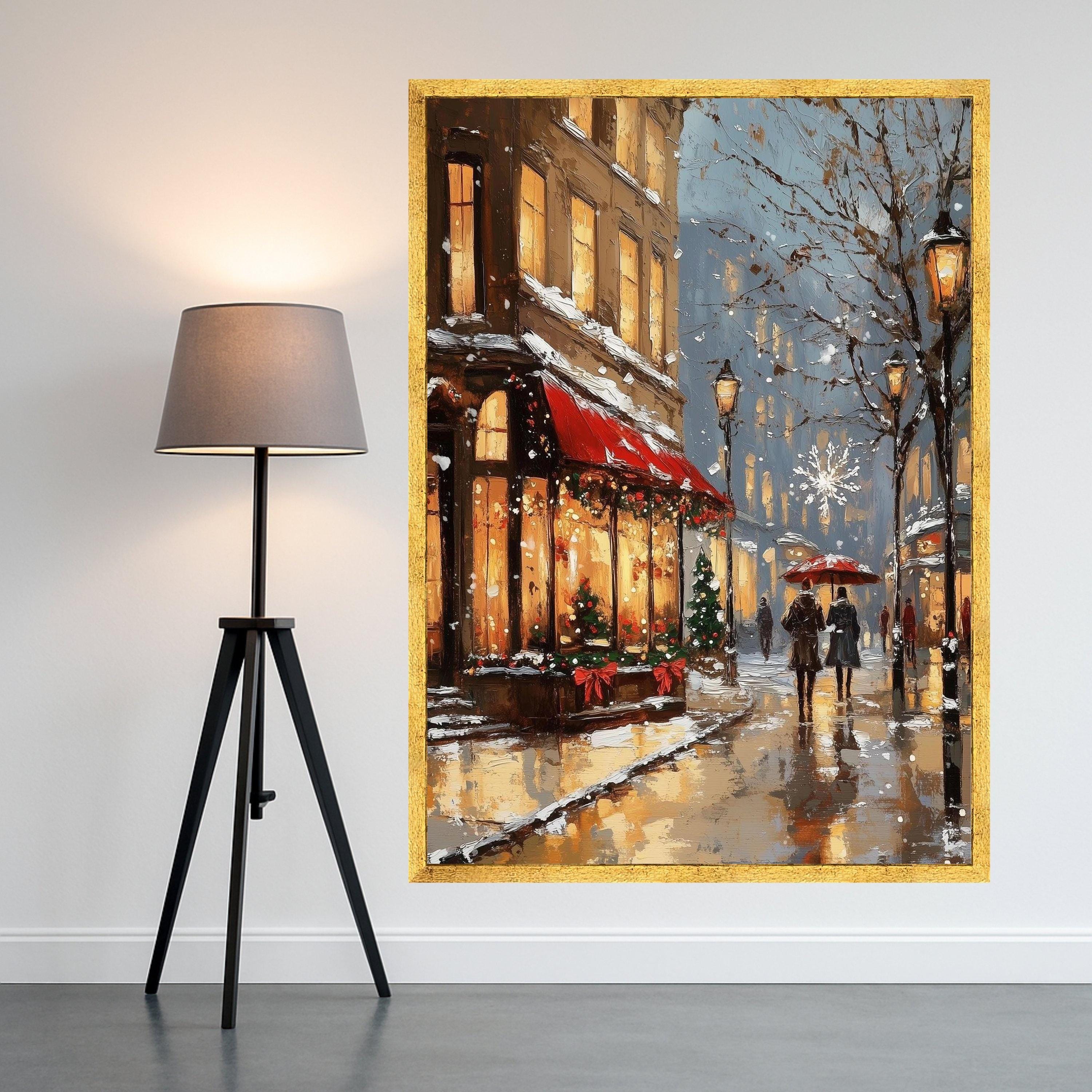 Cozy Winter Street Scene Canvas, Holiday Evening Snowfall Wall Art, Christmas Decor, Romantic Cityscape Painting, Cozy Home Ready To Hang,