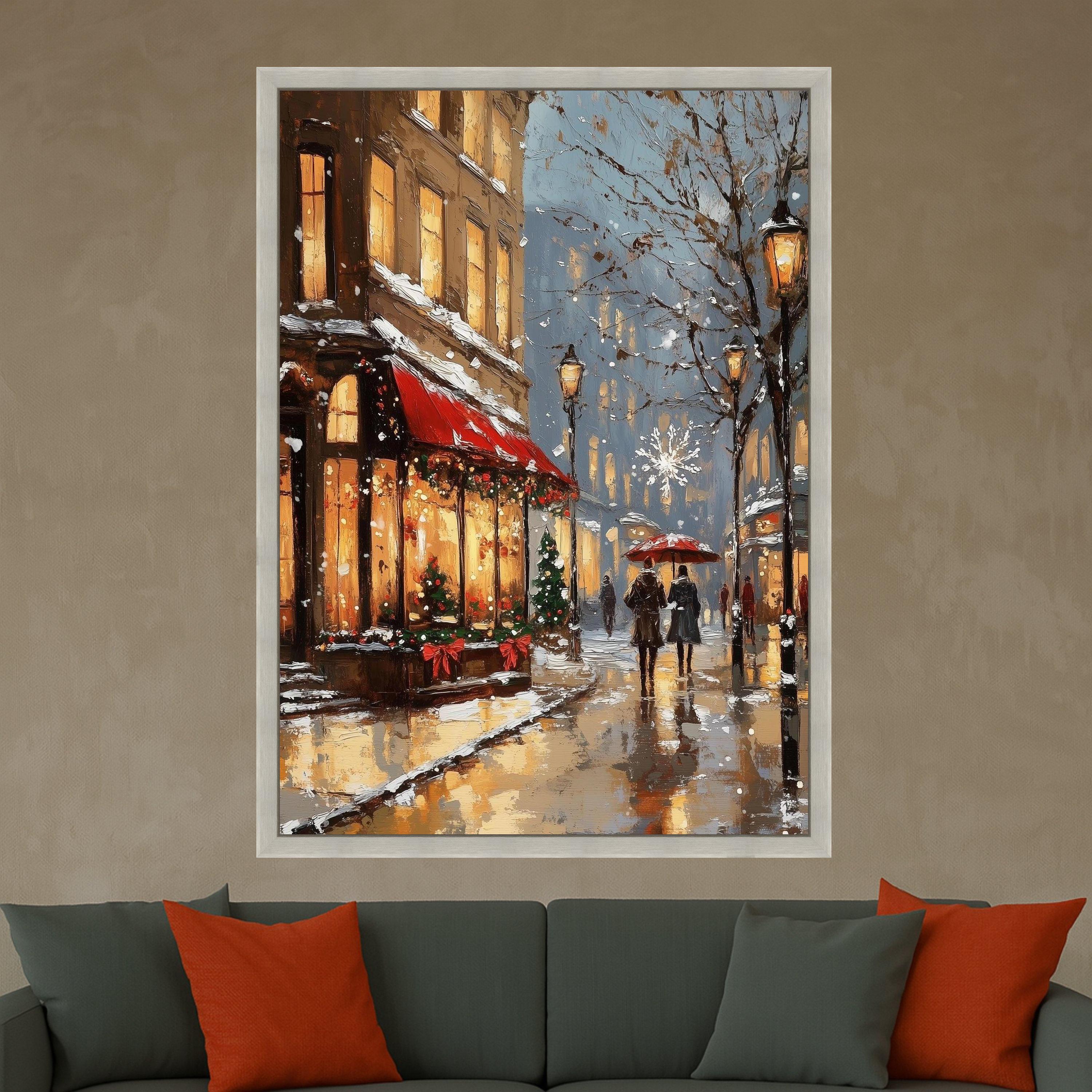 Cozy Winter Street Scene Canvas, Holiday Evening Snowfall Wall Art, Christmas Decor, Romantic Cityscape Painting, Cozy Home Ready To Hang,