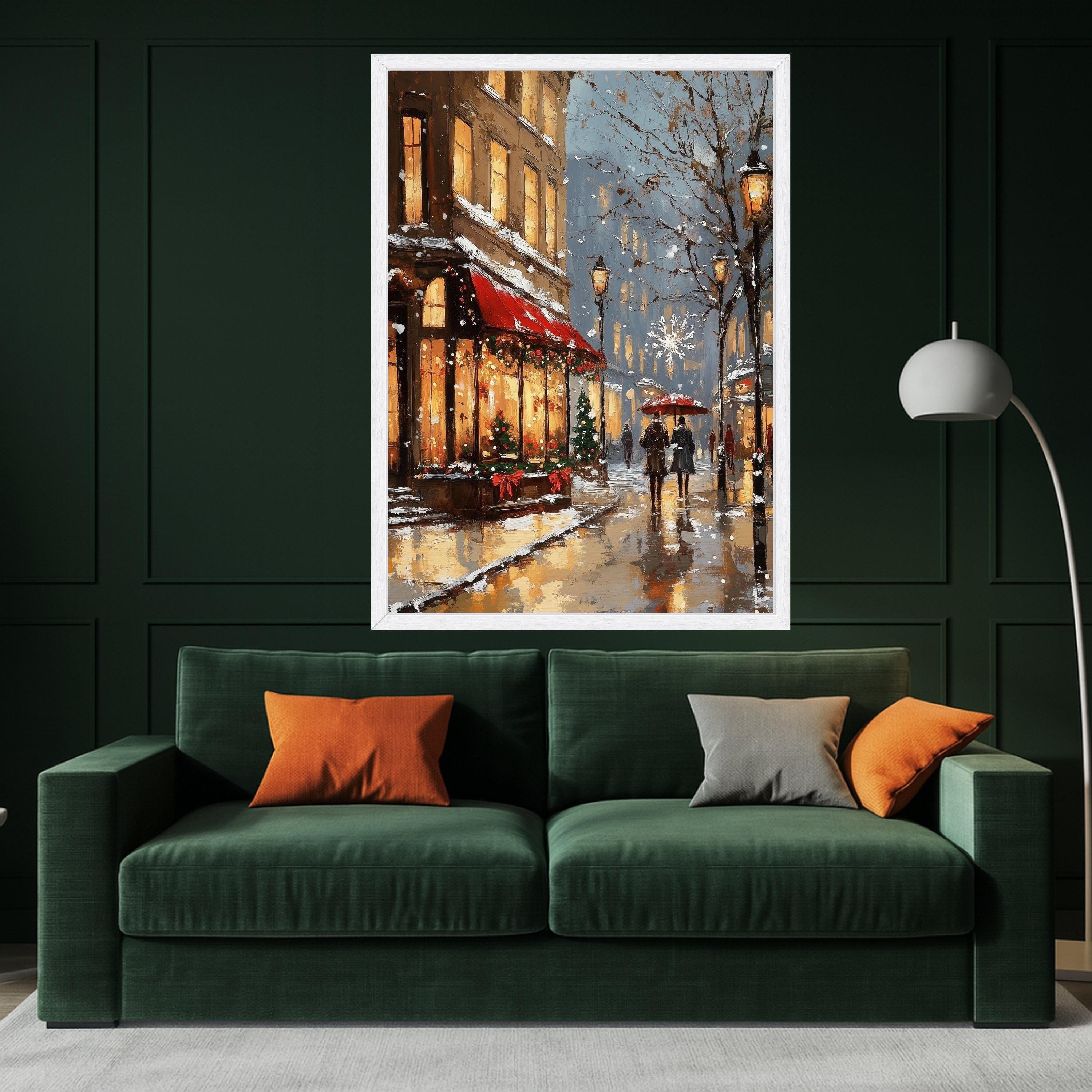 Cozy Winter Street Scene Canvas, Holiday Evening Snowfall Wall Art, Christmas Decor, Romantic Cityscape Painting, Cozy Home Ready To Hang,