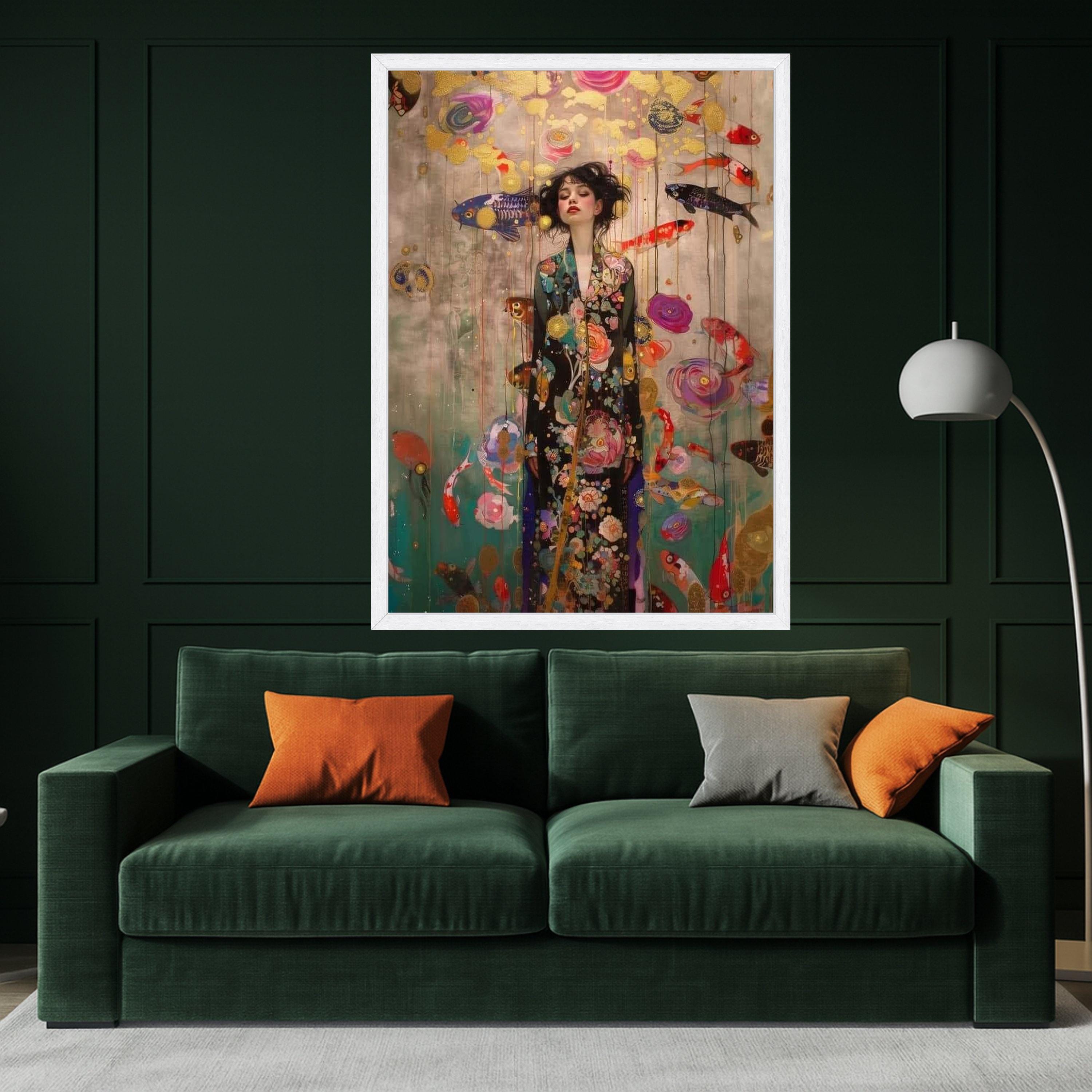 Dreamy Koi Fish and Floral Kimono Woman Canvas, Asian Inspired Wall Art, Ethereal Portrait Painting, Contemporary Home Decor, Ready To Hang,