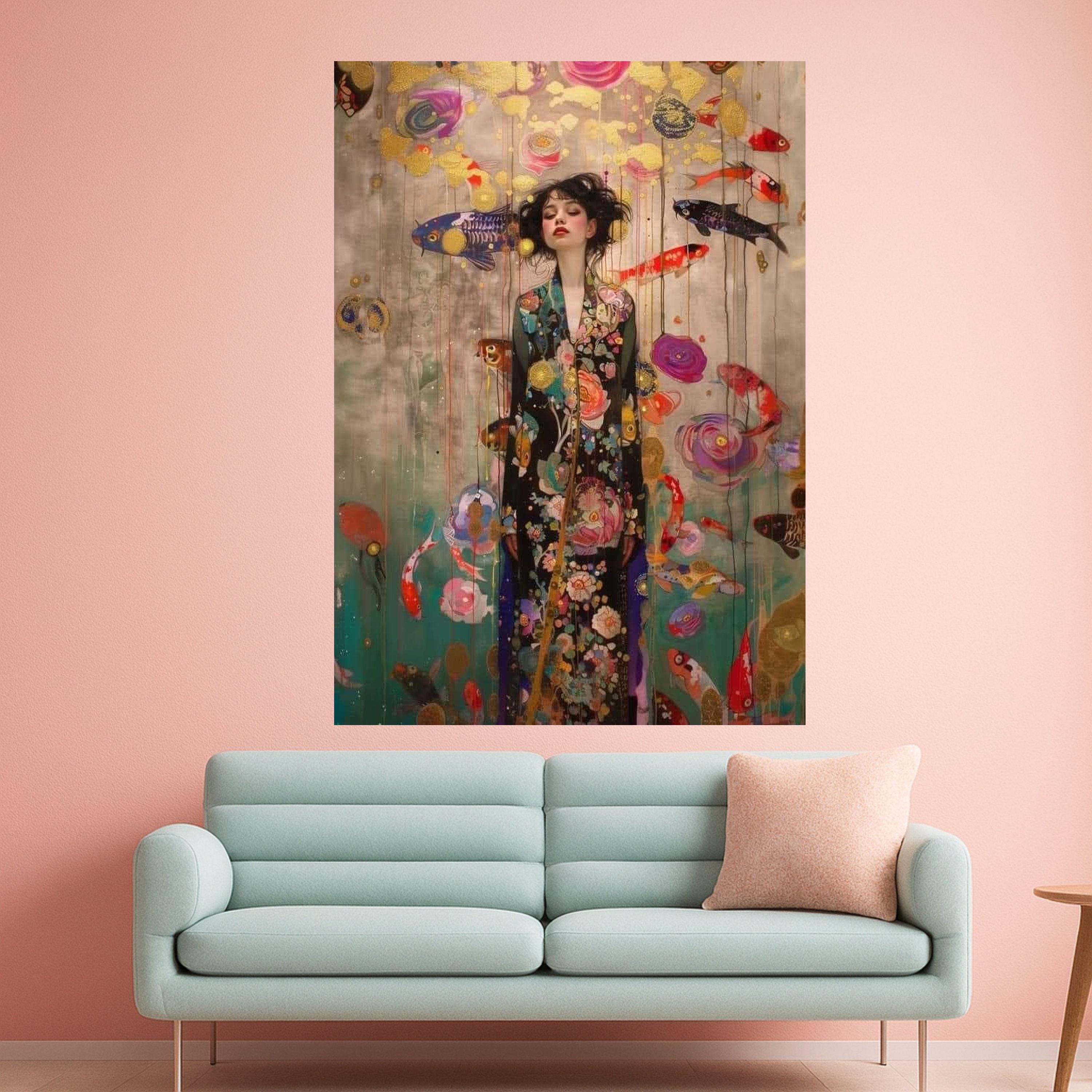 Dreamy Koi Fish and Floral Kimono Woman Canvas, Asian Inspired Wall Art, Ethereal Portrait Painting, Contemporary Home Decor, Ready To Hang,