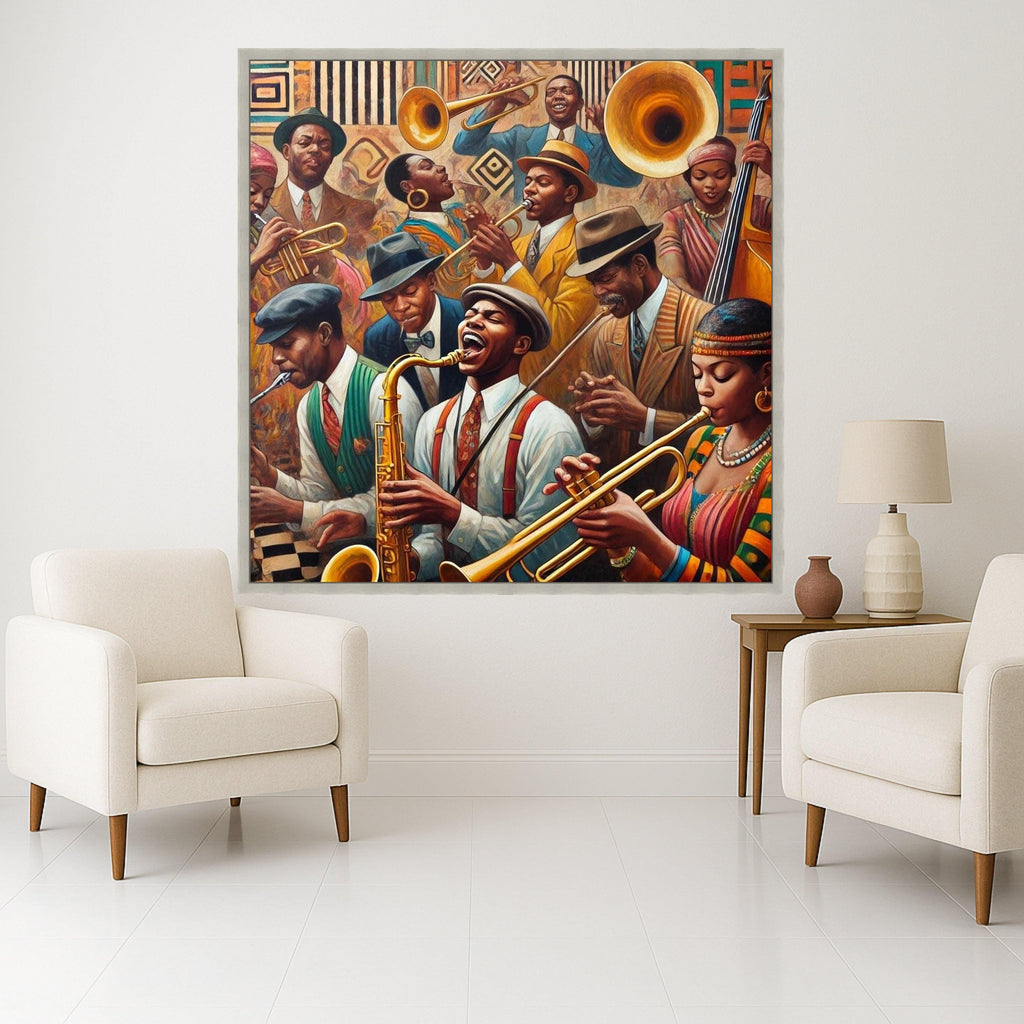 Vintage Jazz Band Canvas Wall Art, Musical Instruments Painting, Retro African American Musicians, Classic Jazz Scene, Home Ready To Hang,