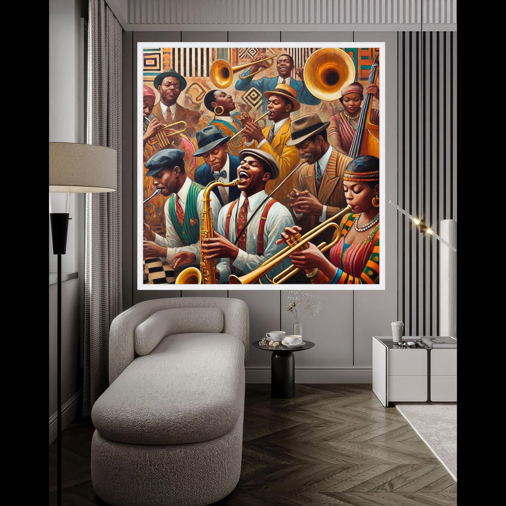 Vintage Jazz Band Canvas Wall Art, Musical Instruments Painting, Retro African American Musicians, Classic Jazz Scene, Home Ready To Hang,