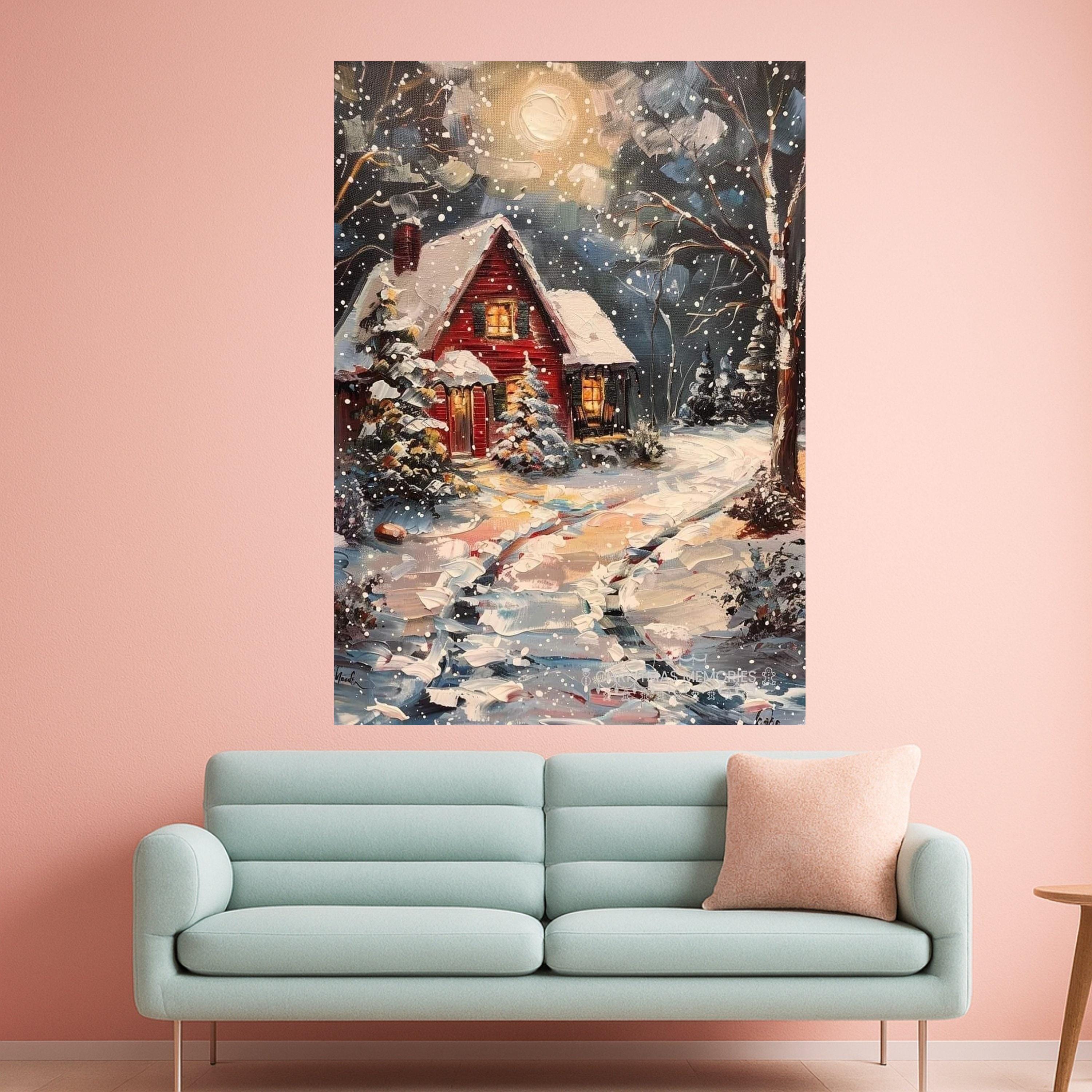Cozy Winter Cabin Canvas, Snowy Night Landscape, Rustic Red House Wall Art, Winter Snow Scene Painting, Holiday Home Decor Ready To Hang,