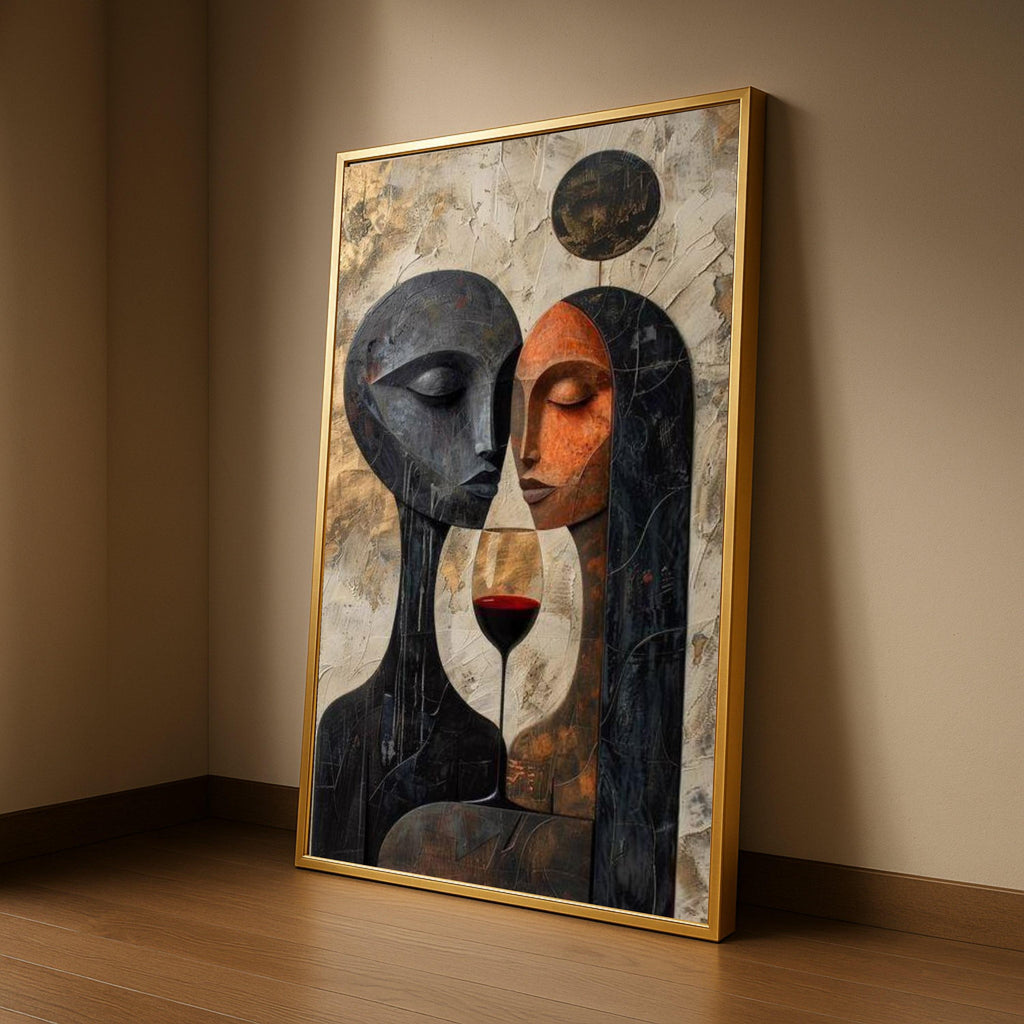 Abstract Lovers with Wine Glass Canvas, Modern Couple Wall Art, Romantic Home Decor, Contemporary Painting, Ready to Hang Ready To Hang,