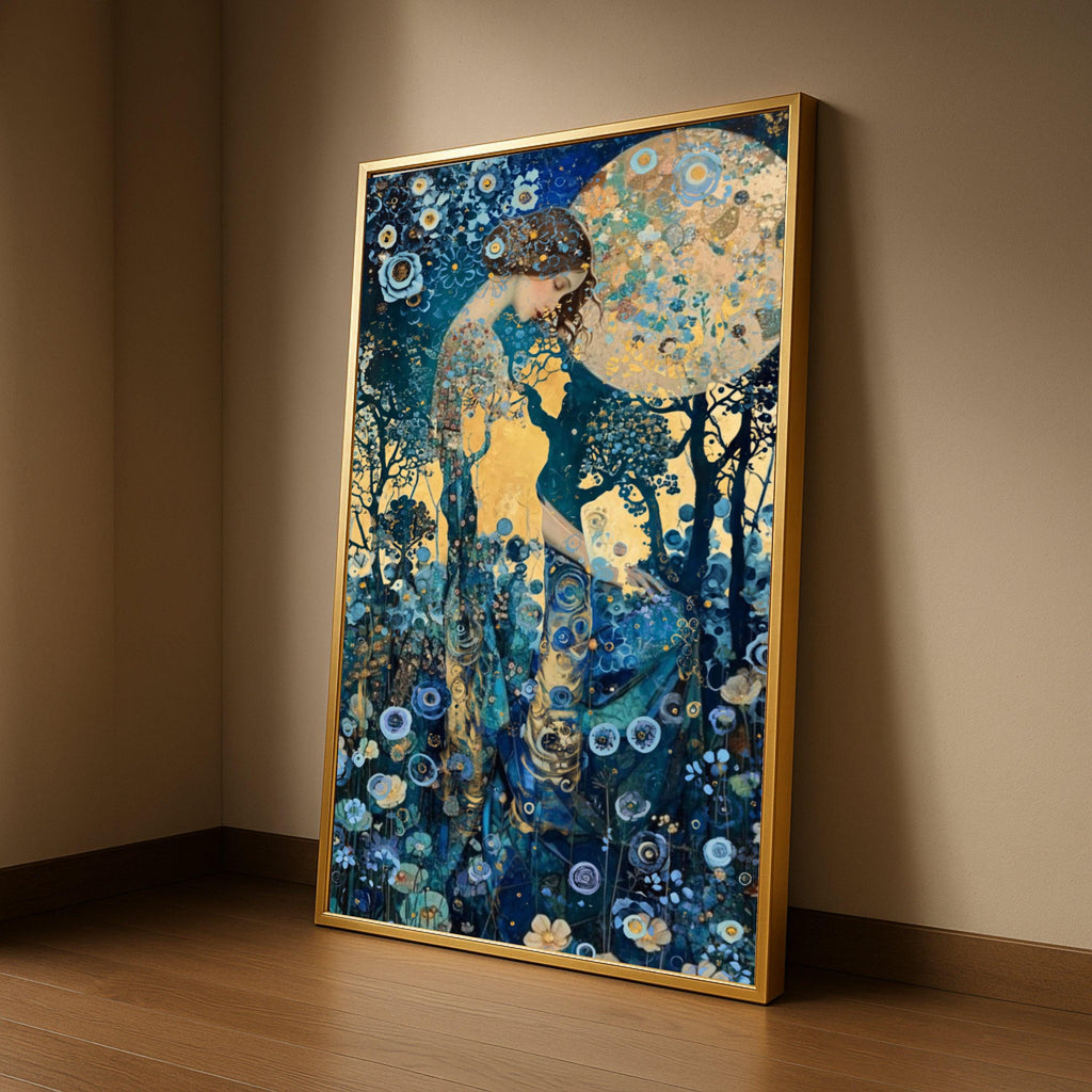 Mystical Woman in Floral Forest, Dreamy Night Canvas Art, Abstract Botanical Wall Decor, Fantasy Moonlight Painting, Blue and Ready To Hang,