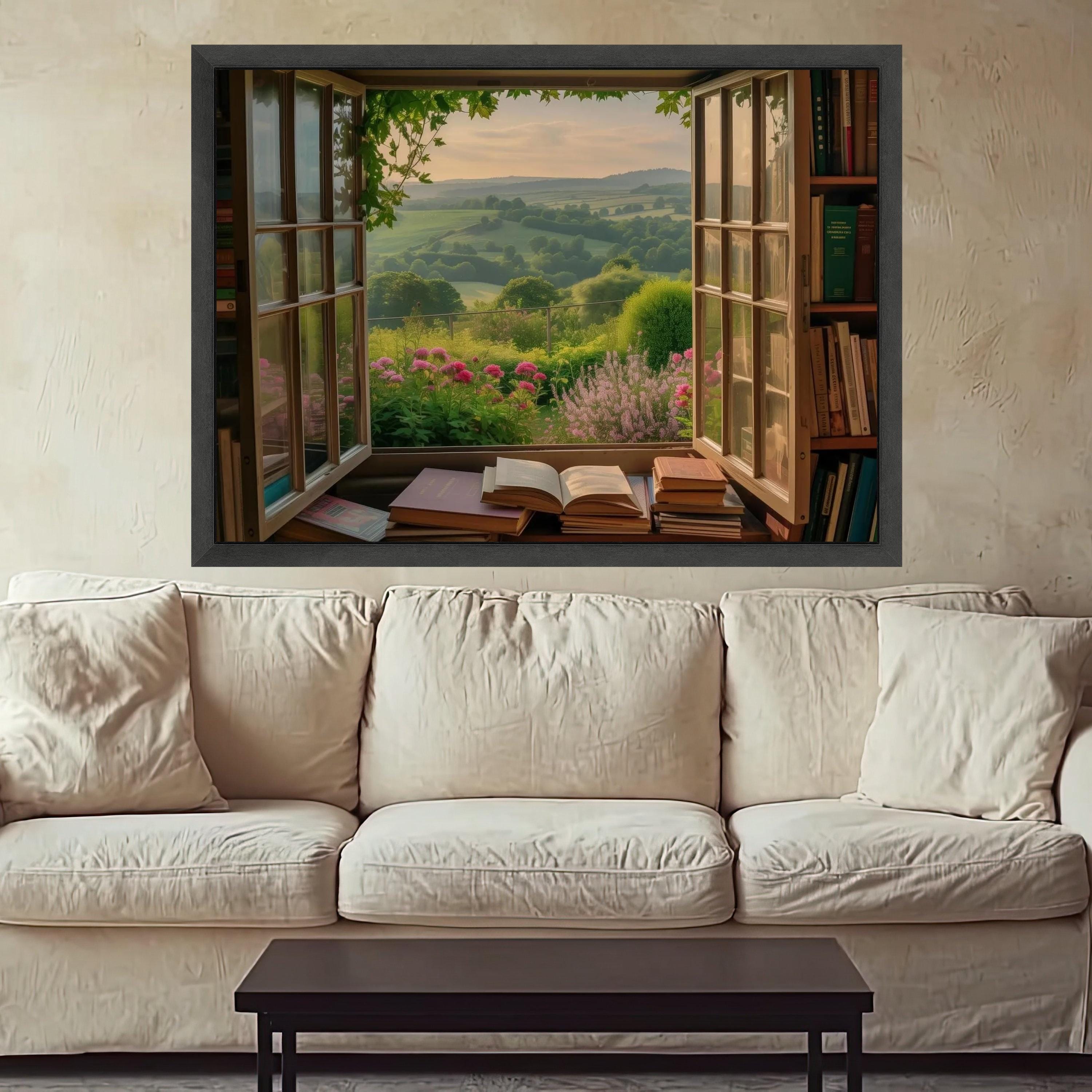 Open Window Garden View Canvas, Scenic Countryside Landscape Wall Art, Floral Blooms and Bookshelf Decor, Cozy Home Canvas Ready To Hang,