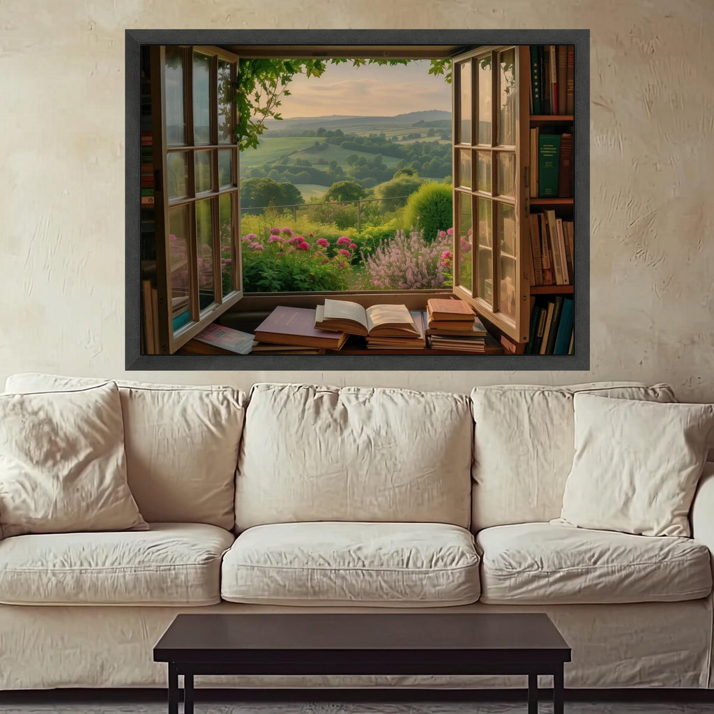 Open Window Garden View Canvas, Scenic Countryside Landscape Wall Art, Floral Blooms and Bookshelf Decor, Cozy Home Canvas Ready To Hang,