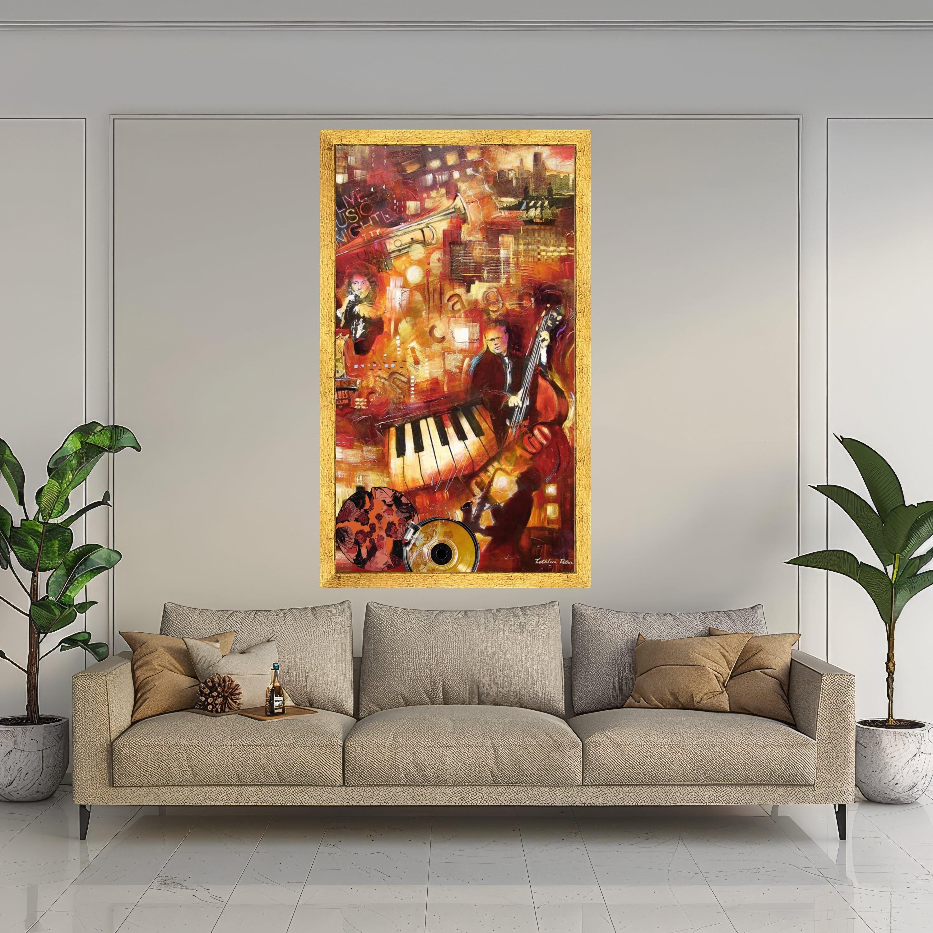 Vibrant Jazz Night Scene Canvas, Musical Instruments Art, Urban Music Club Wall Art, Abstract Piano Trumpet Double Bass, Ready To Hang,