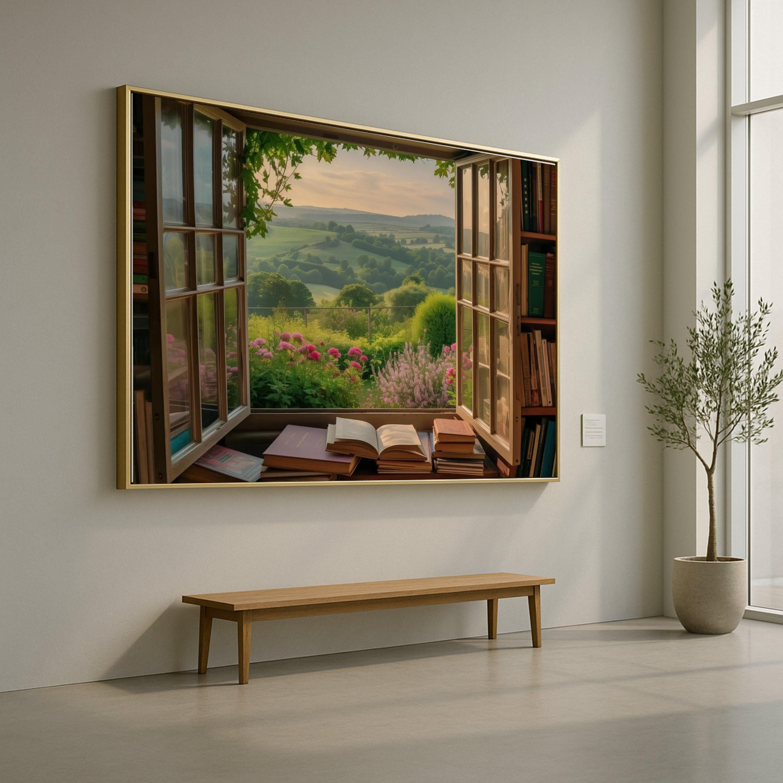 Open Window Garden View Canvas, Scenic Countryside Landscape Wall Art, Floral Blooms and Bookshelf Decor, Cozy Home Canvas Ready To Hang,