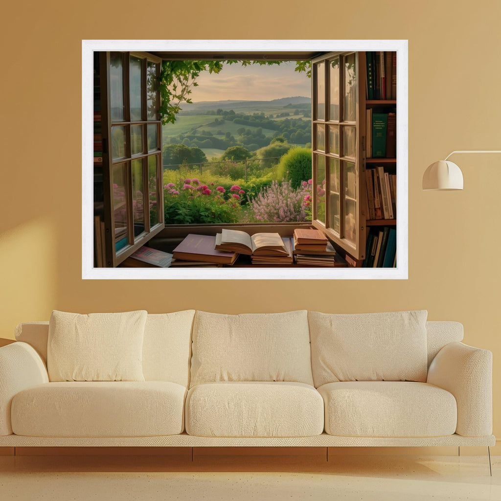 Open Window Garden View Canvas, Scenic Countryside Landscape Wall Art, Floral Blooms and Bookshelf Decor, Cozy Home Canvas Ready To Hang,