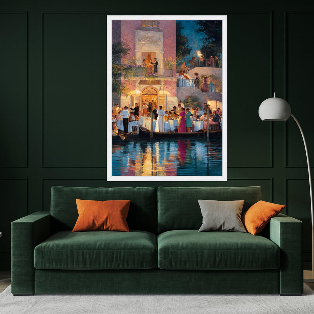 Elegant Evening Gathering, Venice Canal Dining Canvas, Romantic Waterfront Scene, Classic Italian Architecture Wall Art, Fine Ready To Hang,