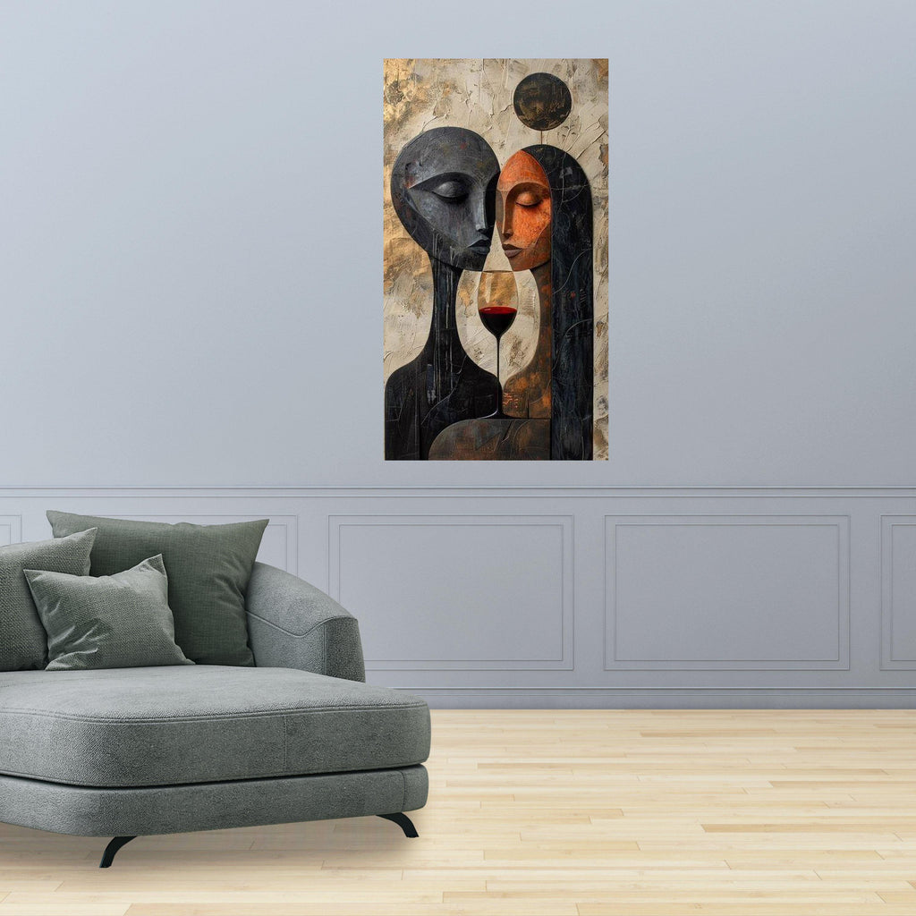 Abstract Lovers with Wine Glass Canvas, Modern Couple Wall Art, Romantic Home Decor, Contemporary Painting, Ready to Hang Ready To Hang,
