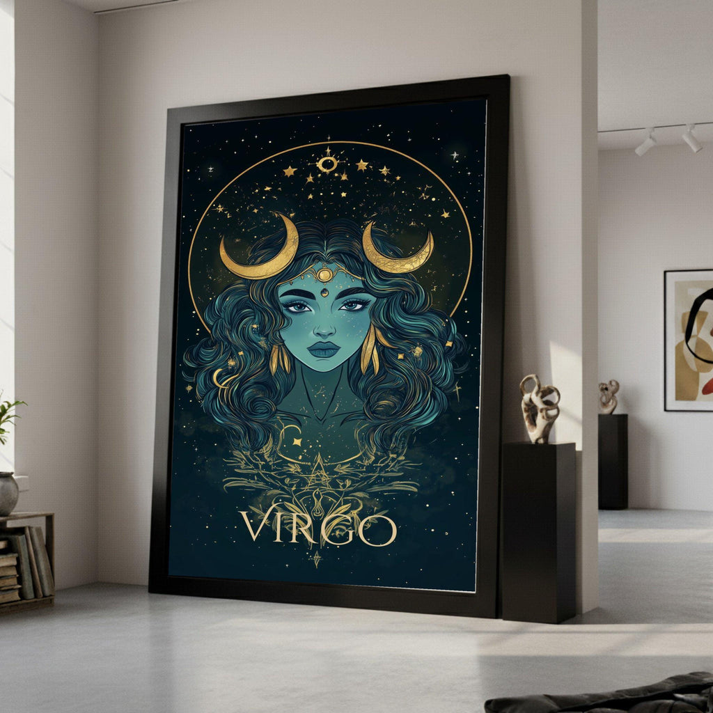 Virgo Zodiac Canvas Wall Art, Mystical Goddess Portrait, Astrological Sign Decor, Celestial Moon and Stars, Spiritual Wall Ready To Hang,