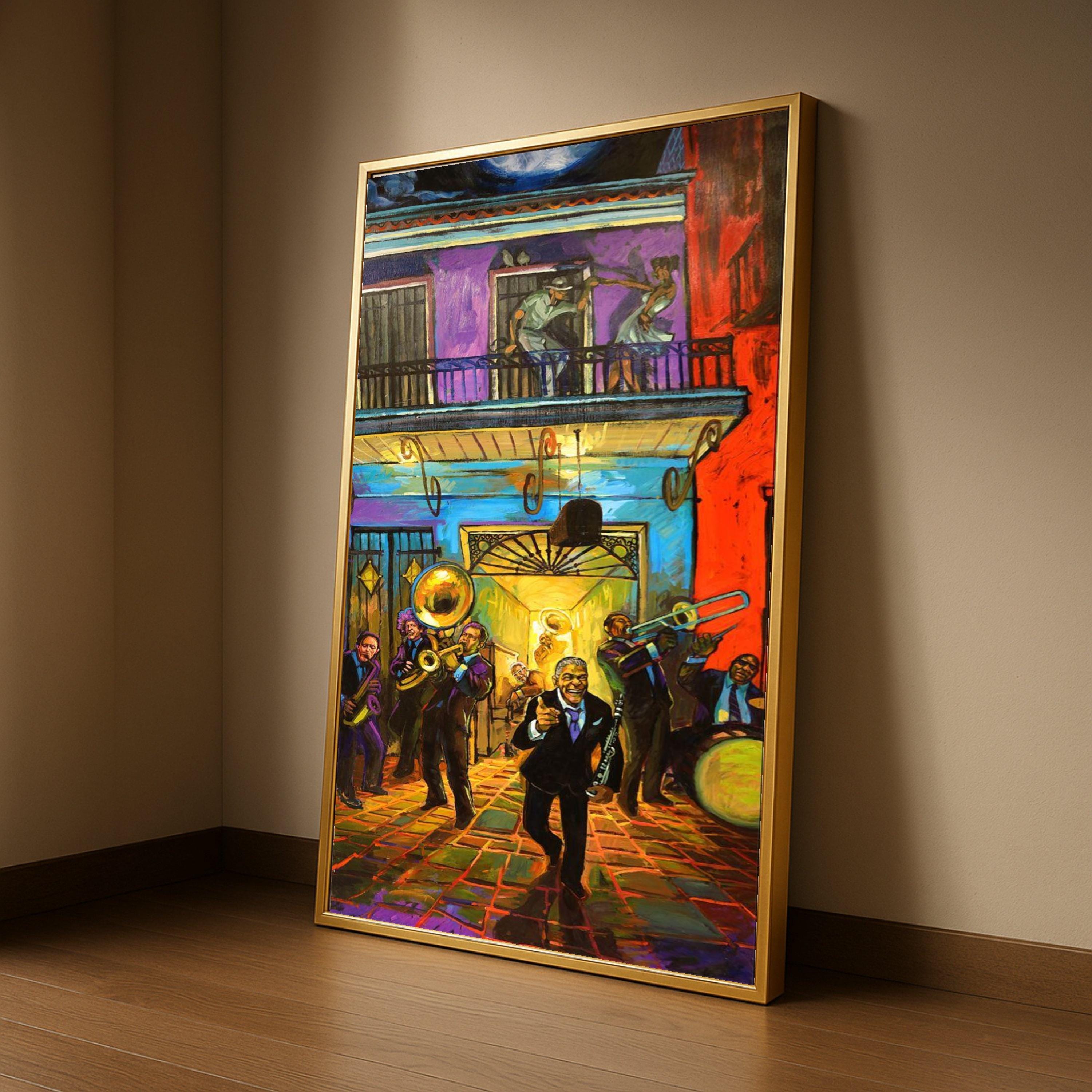 Vibrant Jazz Night Canvas Wall Art, Colorful Musician Scene, Dancing Couple Balcony, Urban Nightlife Painting, Home Decor Ready To Hang,