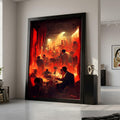 Vintage Jazz Club Scene Canvas, Intense Red Flames Art, Silhouetted Musicians Wall Art, Abstract Nightlife Canvas, Dramatic Ready To Hang,