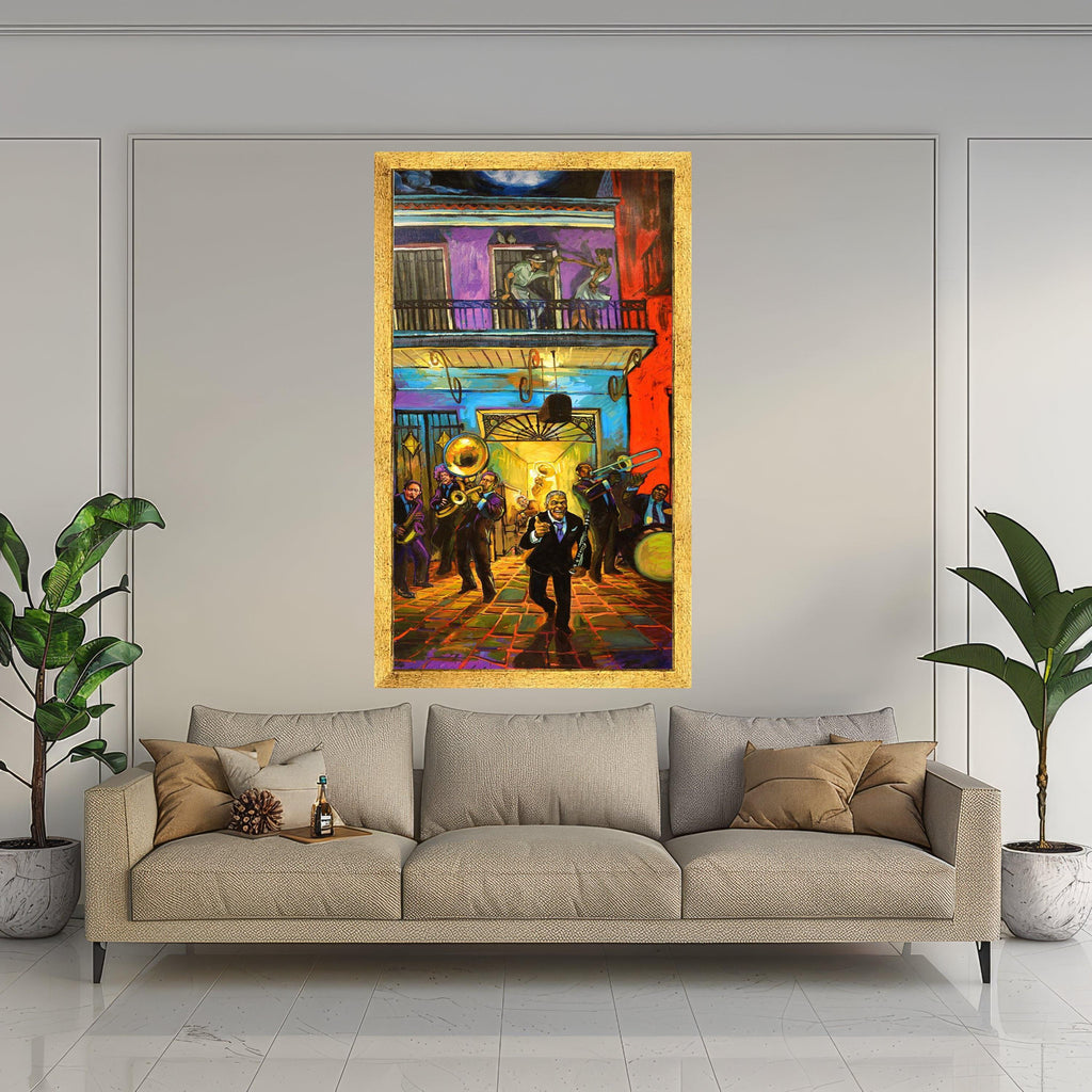 Vibrant Jazz Night Canvas Wall Art, Colorful Musician Scene, Dancing Couple Balcony, Urban Nightlife Painting, Home Decor Ready To Hang,
