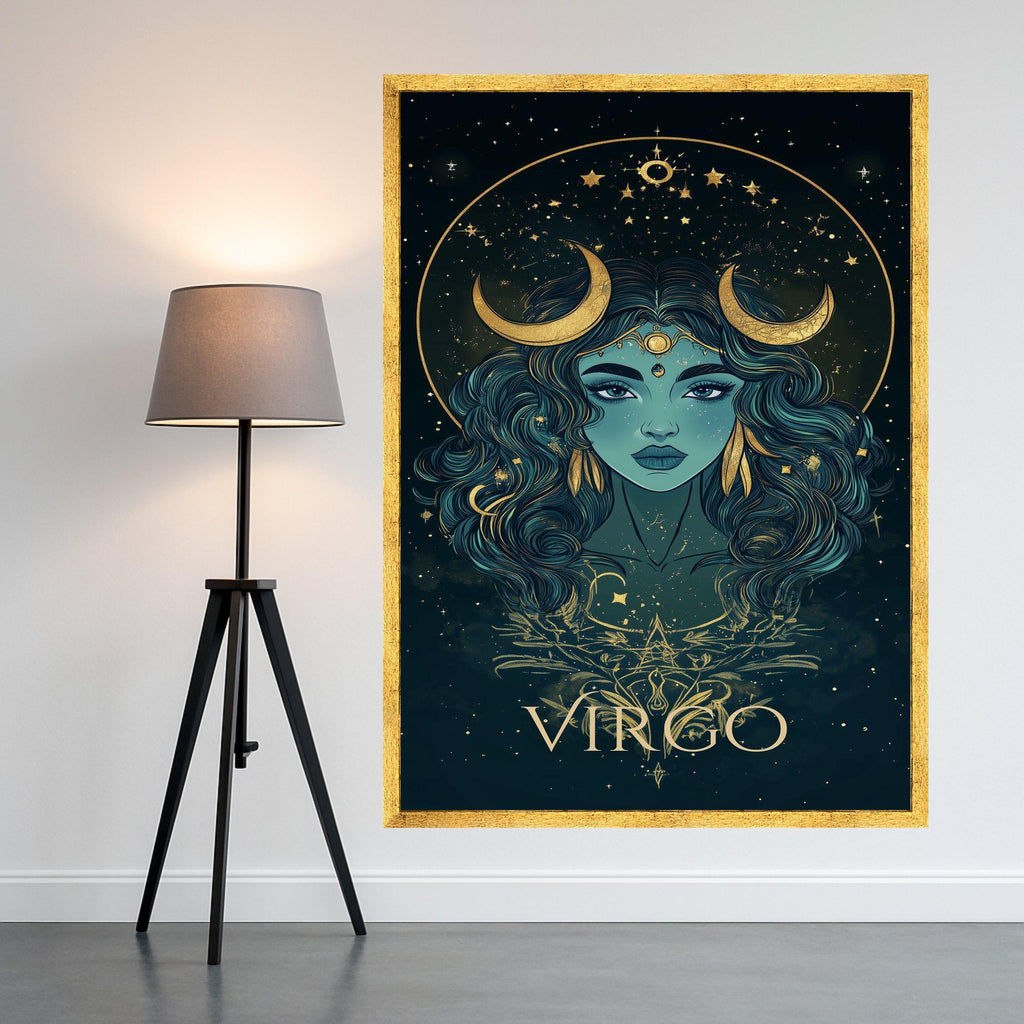 Virgo Zodiac Canvas Wall Art, Mystical Goddess Portrait, Astrological Sign Decor, Celestial Moon and Stars, Spiritual Wall Ready To Hang,