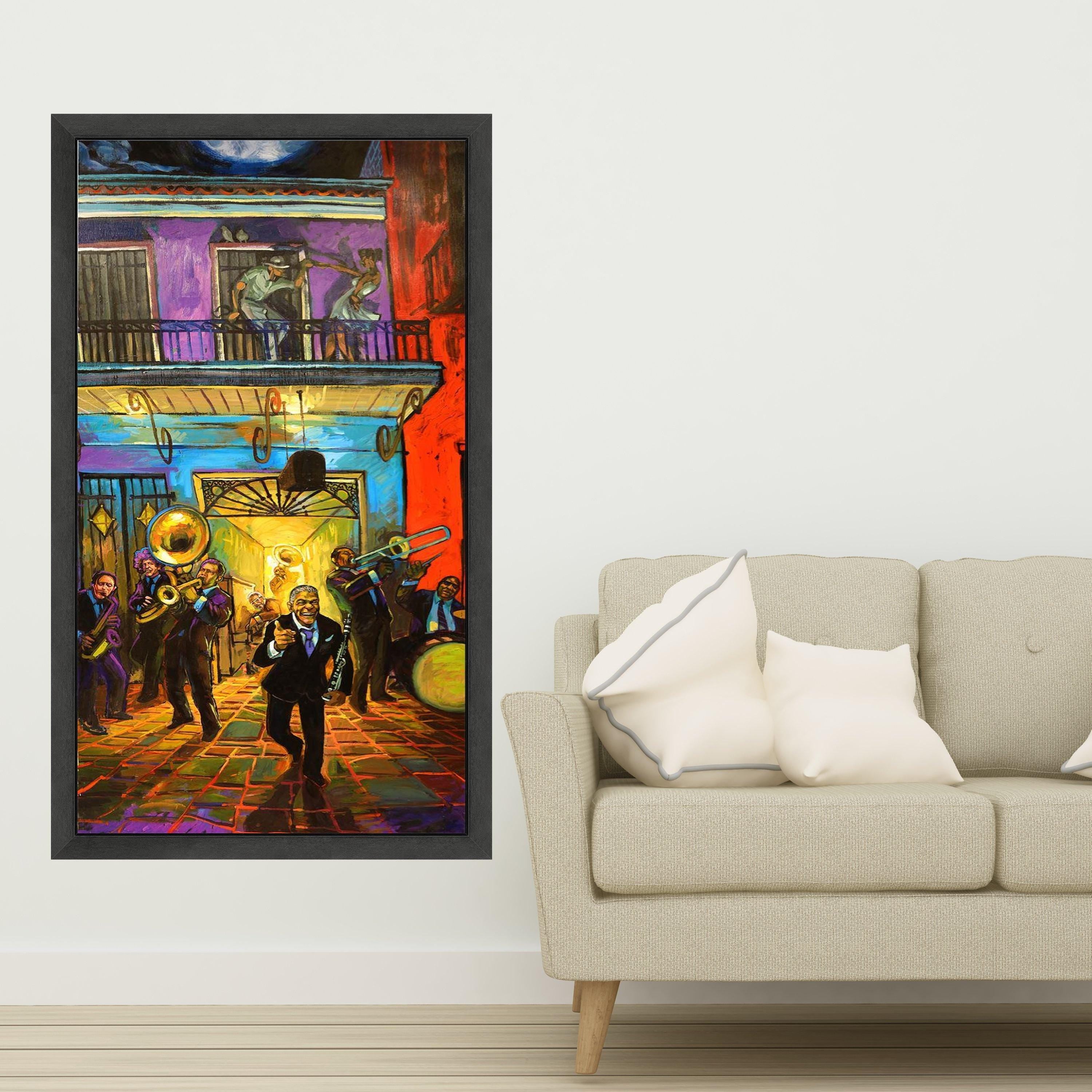 Vibrant Jazz Night Canvas Wall Art, Colorful Musician Scene, Dancing Couple Balcony, Urban Nightlife Painting, Home Decor Ready To Hang,
