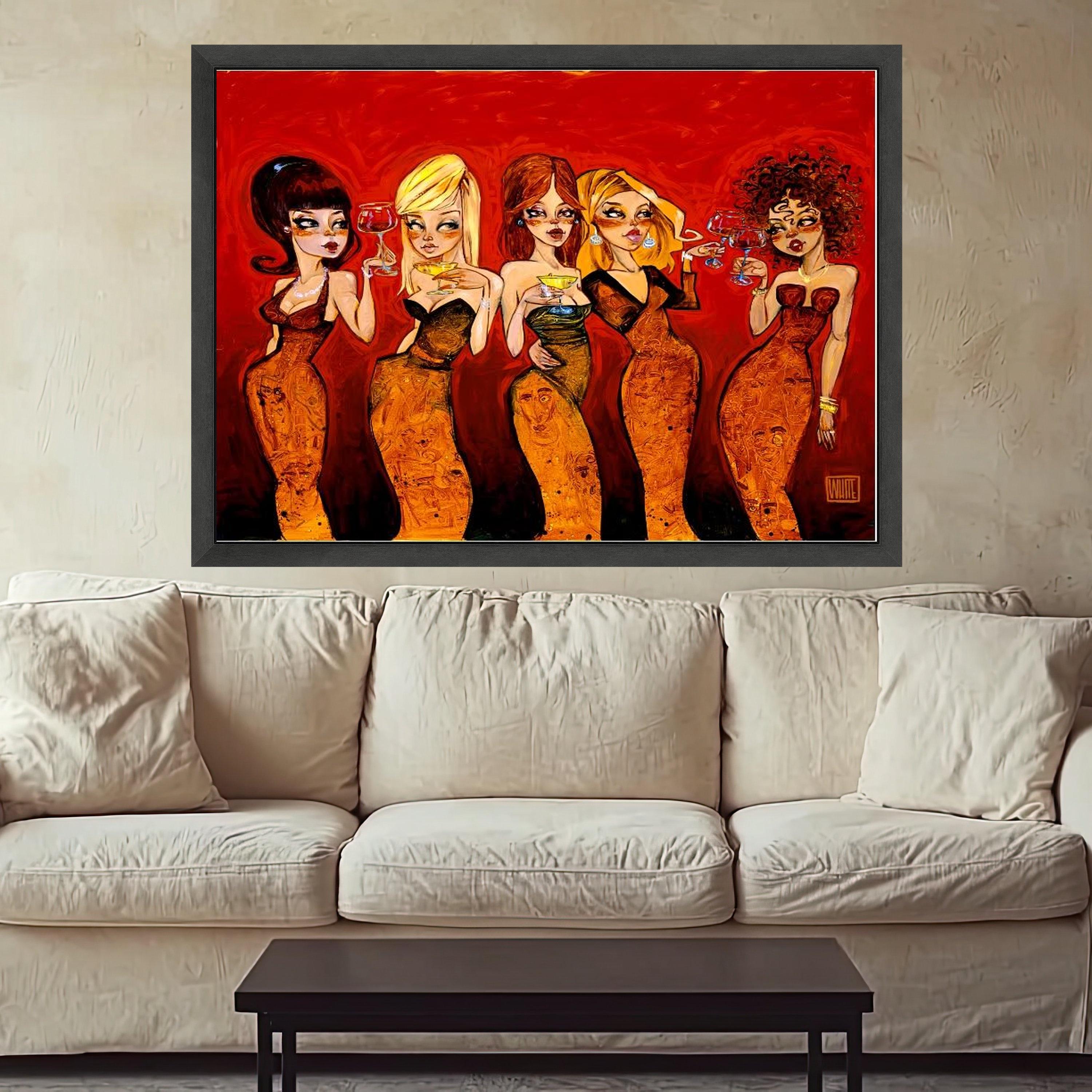 Glamorous Women with Cocktails Canvas Wall Art, Stylish Female Portraits, Red and Orange Elegant Decor, Modern Party Scene Ready To Hang,