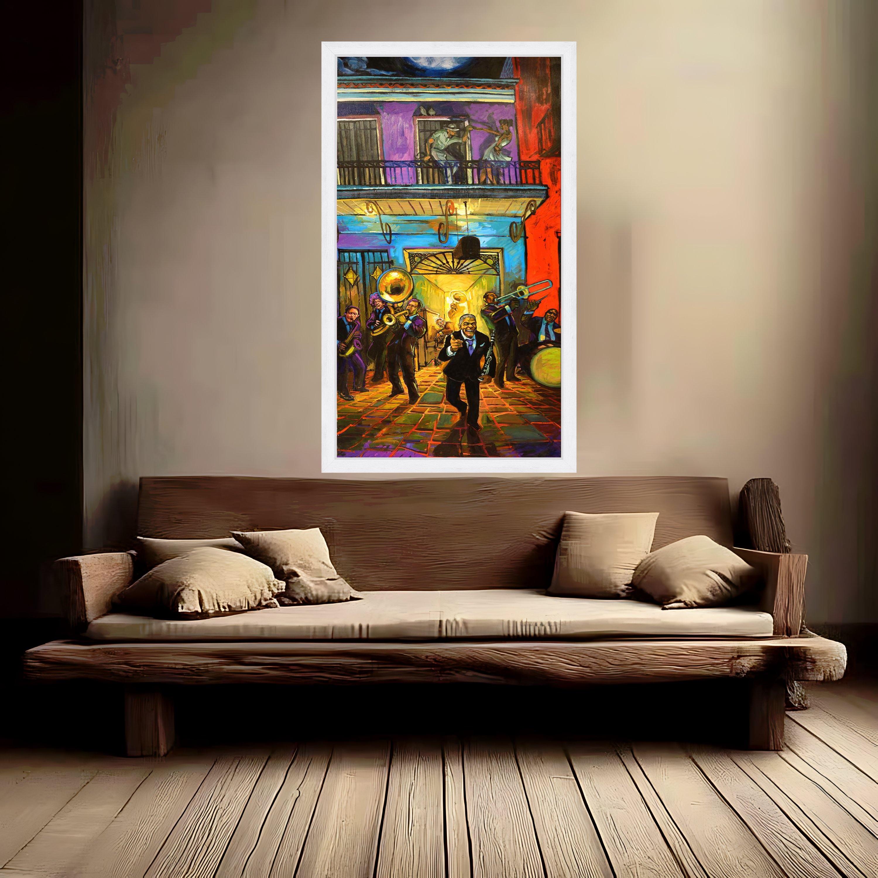 Vibrant Jazz Night Canvas Wall Art, Colorful Musician Scene, Dancing Couple Balcony, Urban Nightlife Painting, Home Decor Ready To Hang,