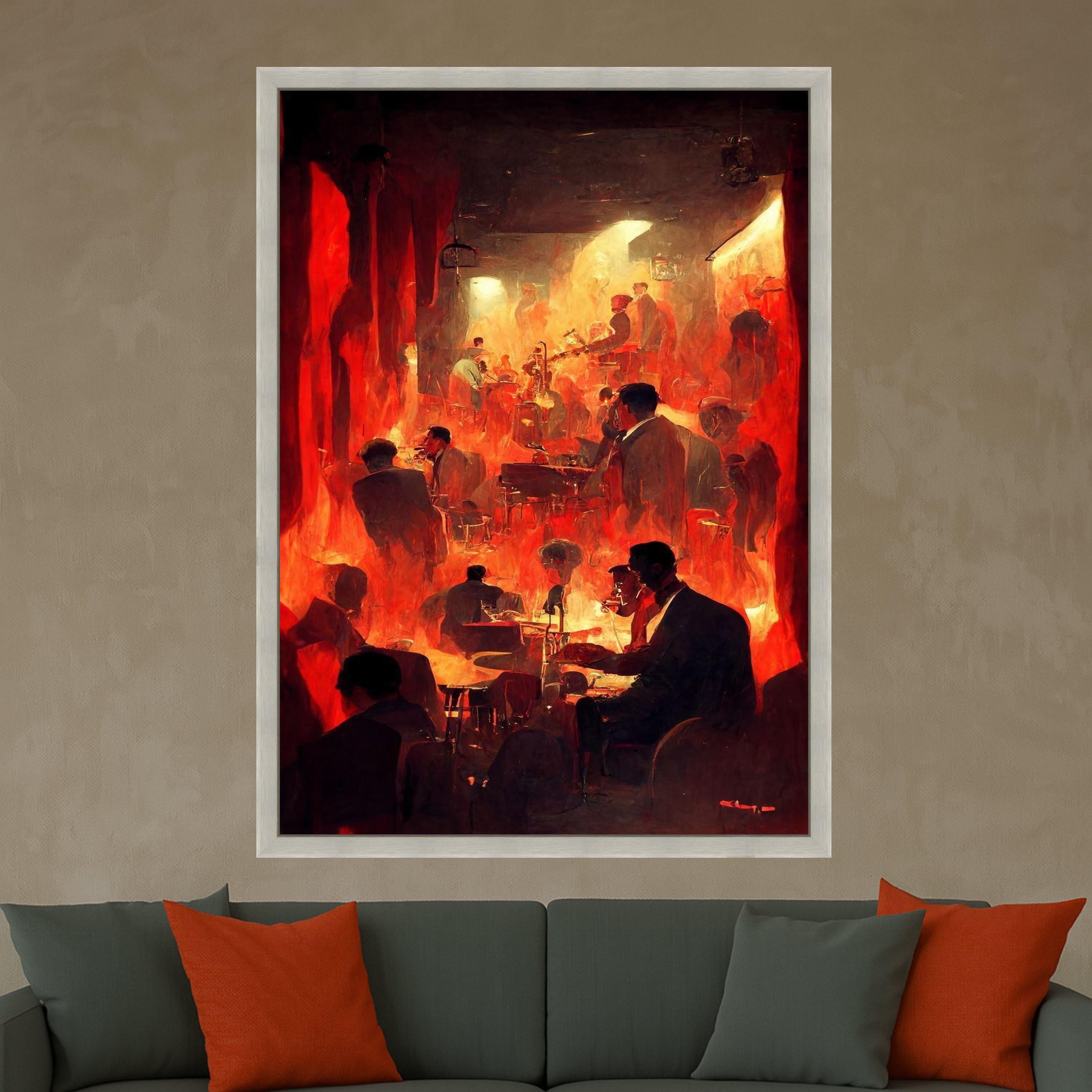 Vintage Jazz Club Scene Canvas, Intense Red Flames Art, Silhouetted Musicians Wall Art, Abstract Nightlife Canvas, Dramatic Ready To Hang,