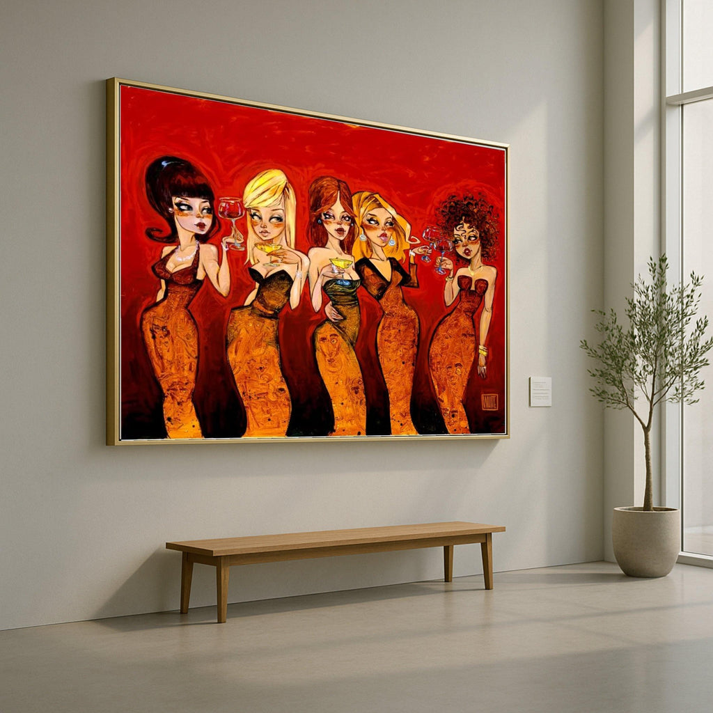 Glamorous Women with Cocktails Canvas Wall Art, Stylish Female Portraits, Red and Orange Elegant Decor, Modern Party Scene Ready To Hang,