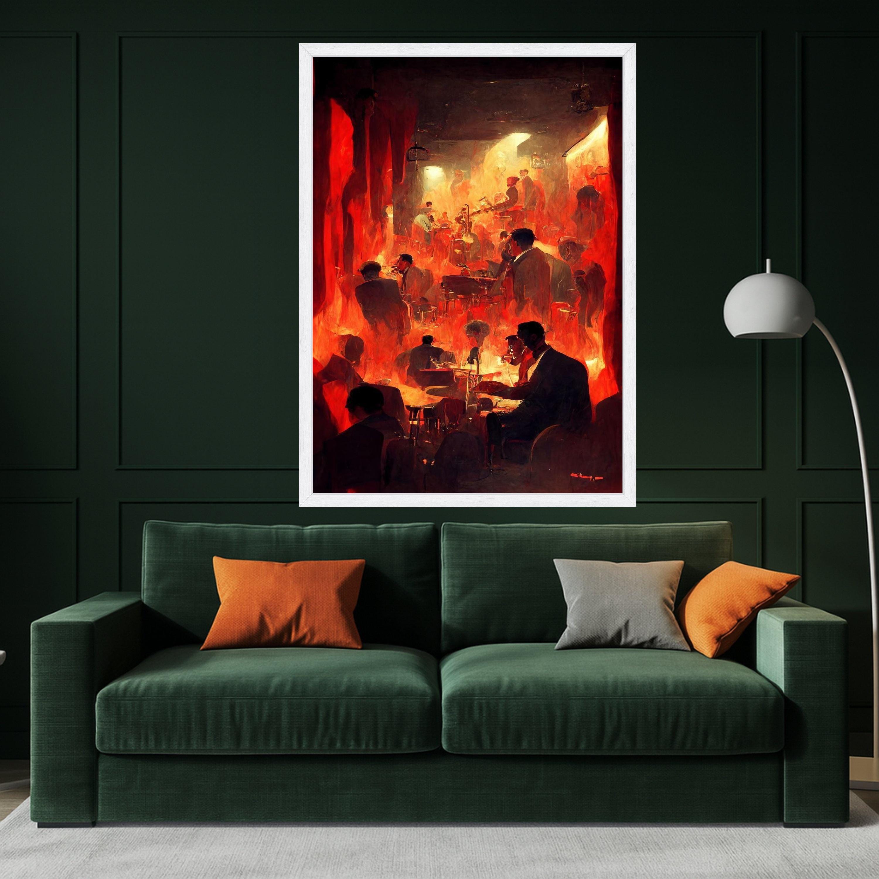 Vintage Jazz Club Scene Canvas, Intense Red Flames Art, Silhouetted Musicians Wall Art, Abstract Nightlife Canvas, Dramatic Ready To Hang,
