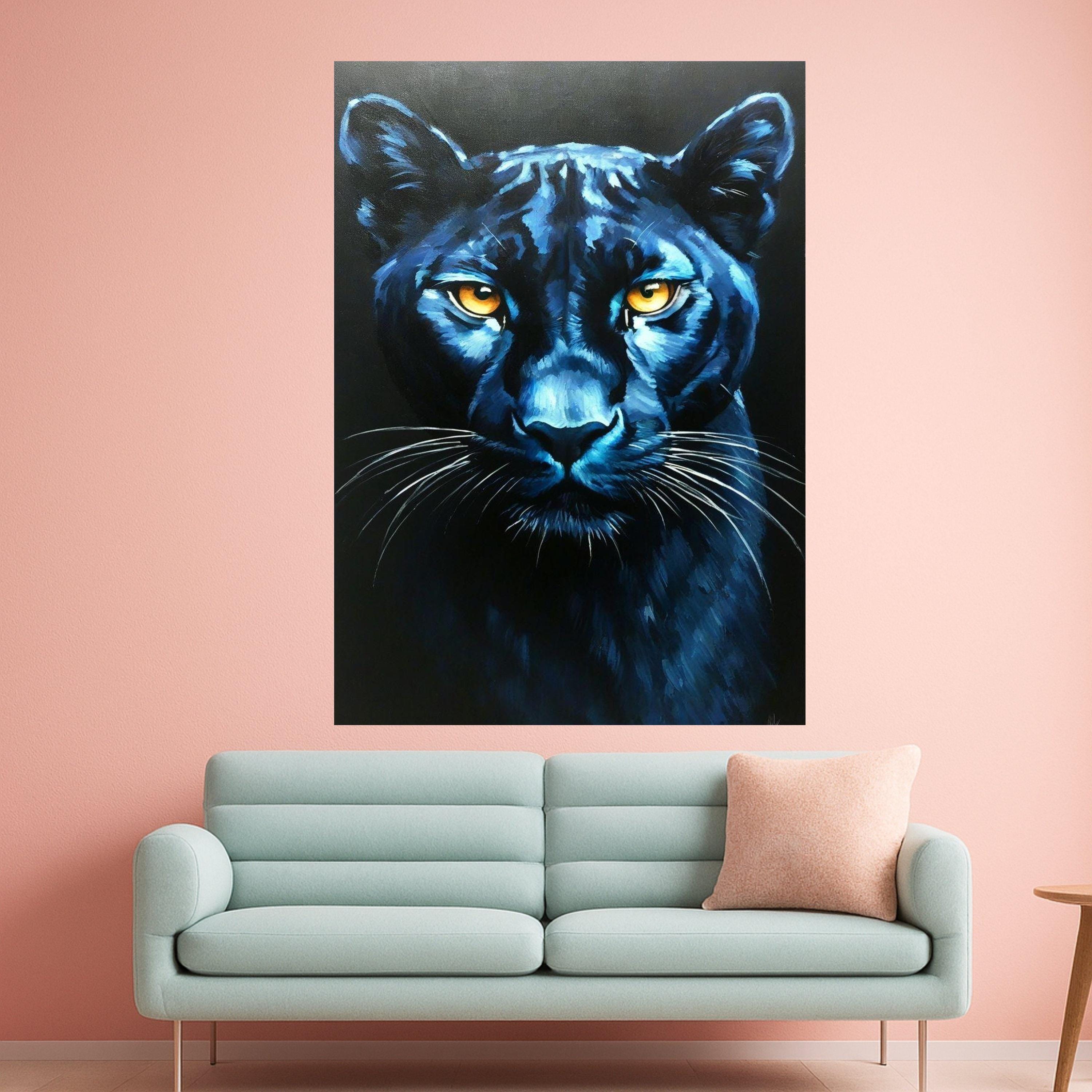 Bold Black Panther Canvas Wall Art, Fierce Jungle Cat Painting, Wildlife Face Close-Up, Modern Animal Wall Decor, Ready to Ready To Hang,