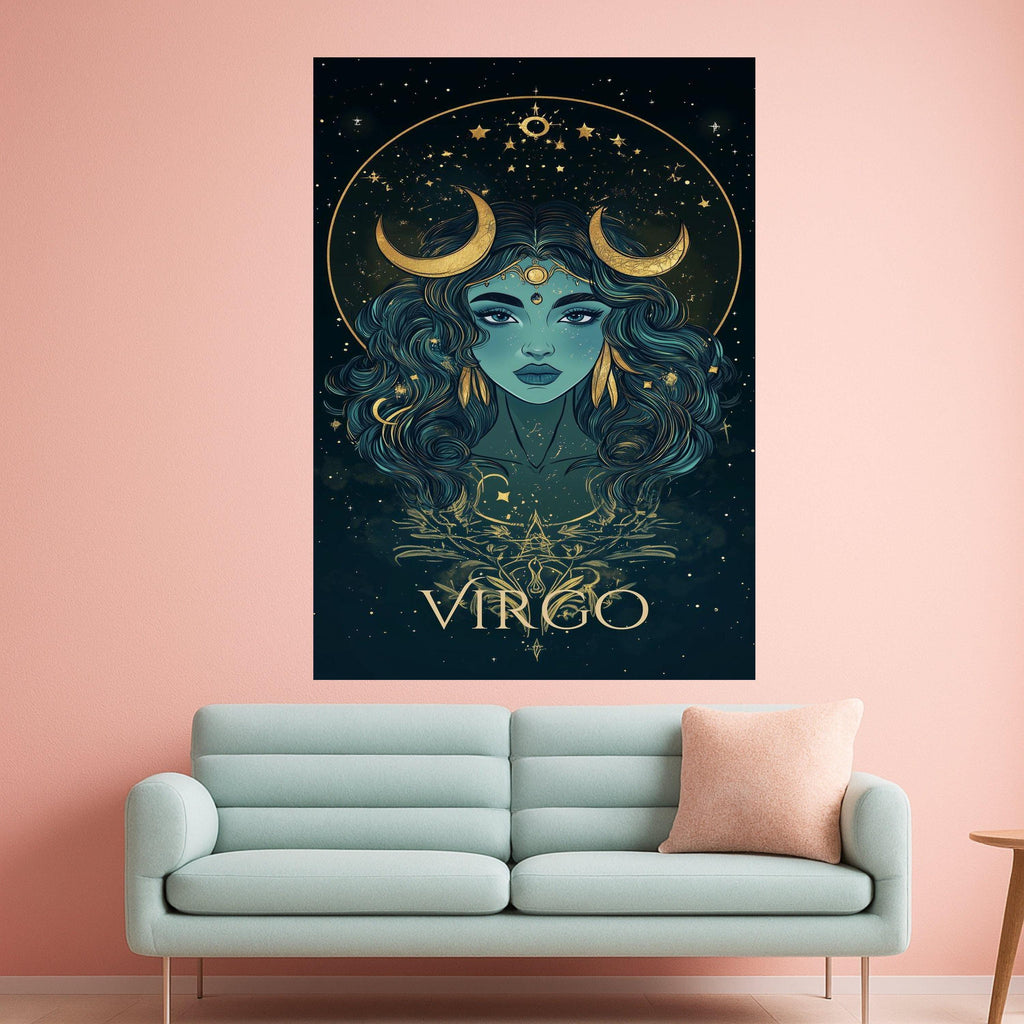Virgo Zodiac Canvas Wall Art, Mystical Goddess Portrait, Astrological Sign Decor, Celestial Moon and Stars, Spiritual Wall Ready To Hang,